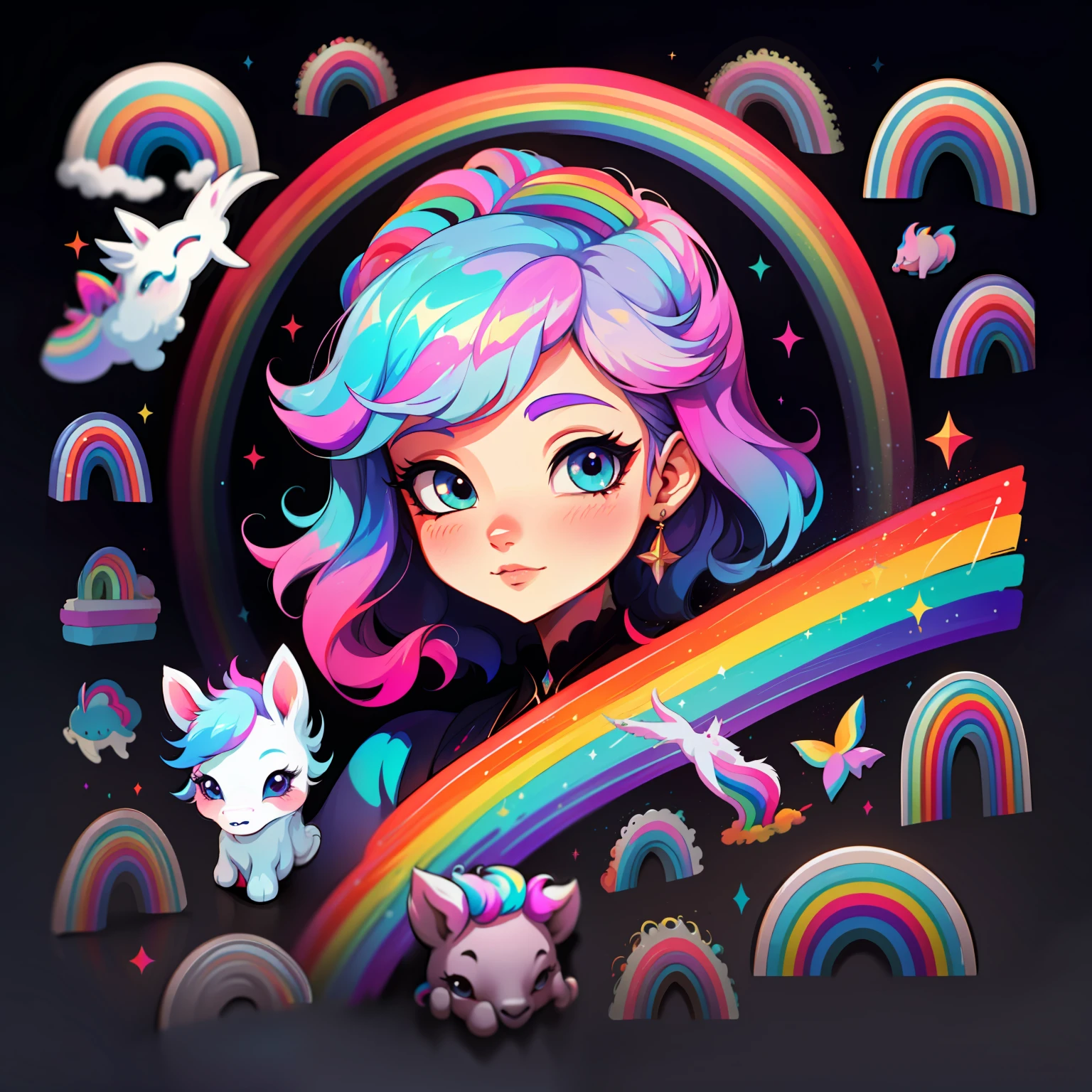 retrato, adesivo,1girl, fundo simples, menina com cabelo longo, Beautiful unicorn girl, unicorn aesthetics, Beautiful girl, arte de fantasia muito bonita, Beautiful and elegant female unicorn, bela fantasia detalhada, colorful rainbow palette, rainbow color-theme