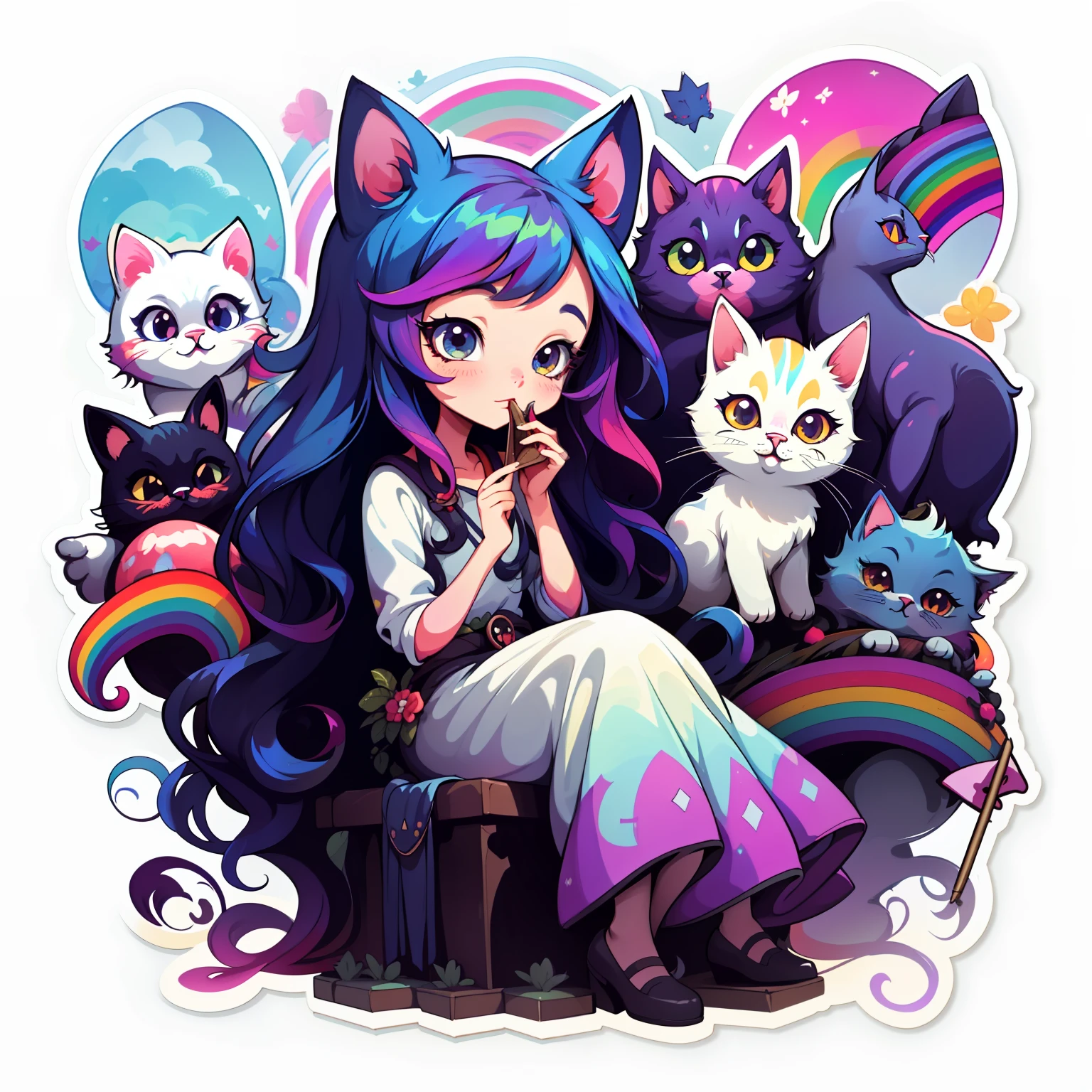adesivo,1girl, fundo simples, retrato, girl with long hair, beautiful cat girl, kitty aesthetic, beautiful girl, very beautiful fantasy art, beautiful and elegant female kitty, beautiful detailed fantasy, raibow color palate, rainbow color-theme