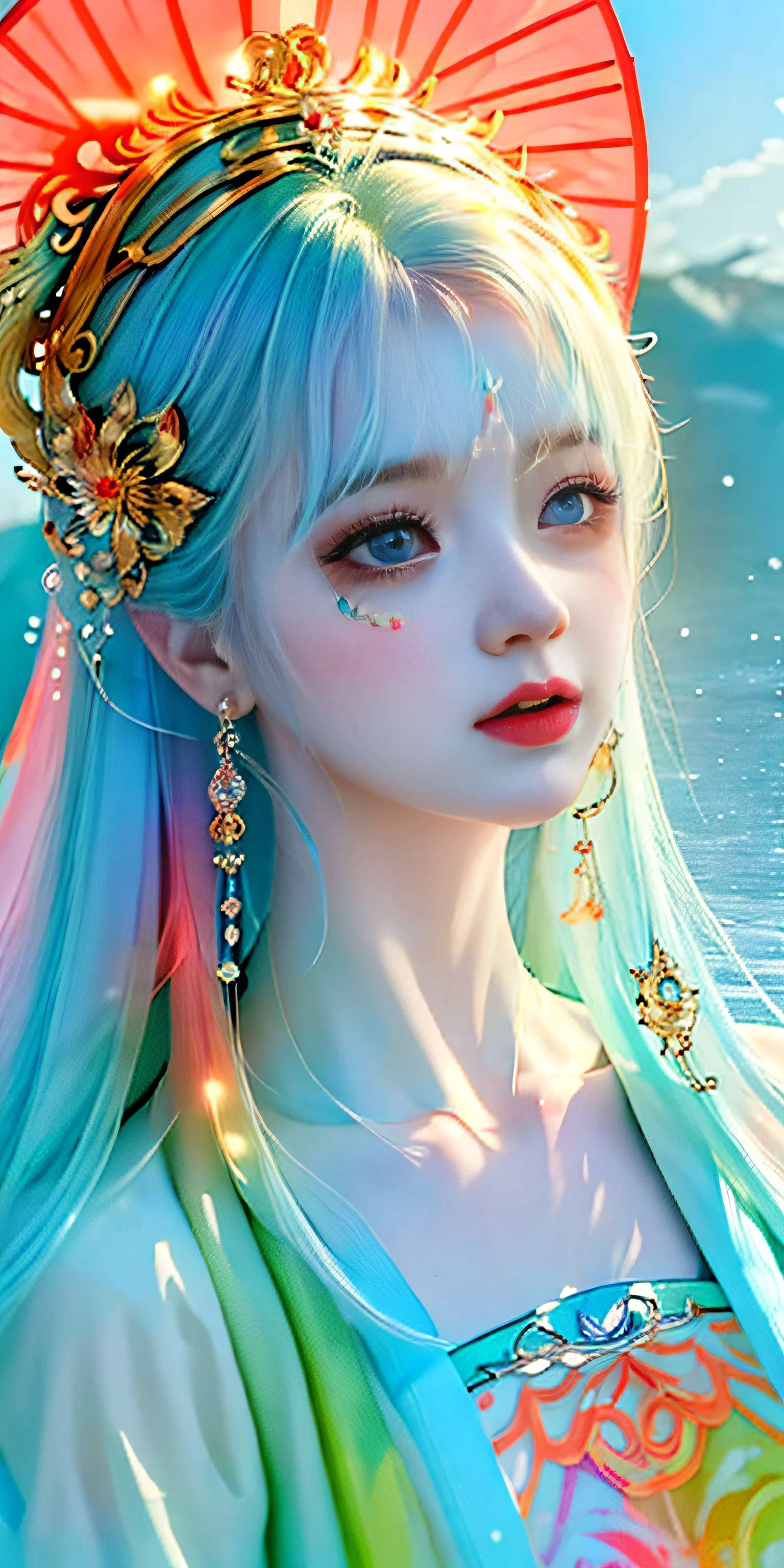 total bosy, (8k, RAW photo: 1.2), top quality, ultra high resolution, dramatic angle, (fluttering detailed color splash), (illustration), (one girl))), (long hair), (rain: 0.9), (headdress: 1.4), there is an ancient palace next to the girl, Hanf, (emphasis), Color ink painting, (splash color), splash color, (((colorful))), (Sketch: 0.8), Masterpiece, Best Quality, Beautiful Paintwork, Very Detailed, (Denoise: 0.6), [Splash Ink], (Ink Refraction)), (Beautiful Detailed Sky), Moon, Very, Detail, (Masterpiece, Best Quality, Very Detailed) CG Unity 8k wallpaper, masterpiece, best quality, super detail), (garlic),