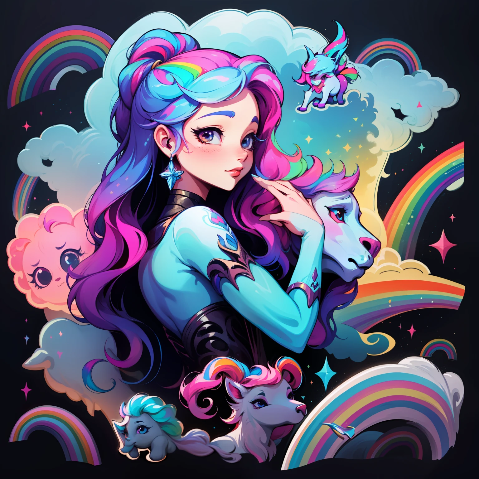 adesivo,1girl, fundo simples, retrato, girl with long hair, beautiful unicorn girl, unicorn aesthetic, beautiful girl, very beautiful fantasy art, beautiful and elegant female unicorn, beautiful detailed fantasy, rainbow color palate, rainbow color-theme