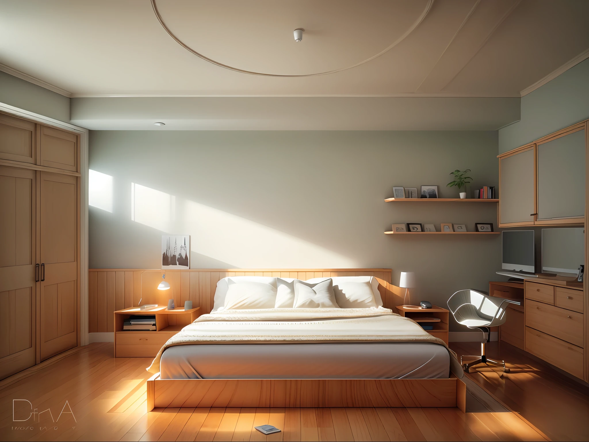 there is a bed with a gray blanket and a desk with a lamp, bed room, vray render, with vray, 3 d vray render, vray rendered, render vray, vray rendering, vray, render in vray, v-ray render, v - ray render, bedroom, soft lighting colors scheme, rendered in vray