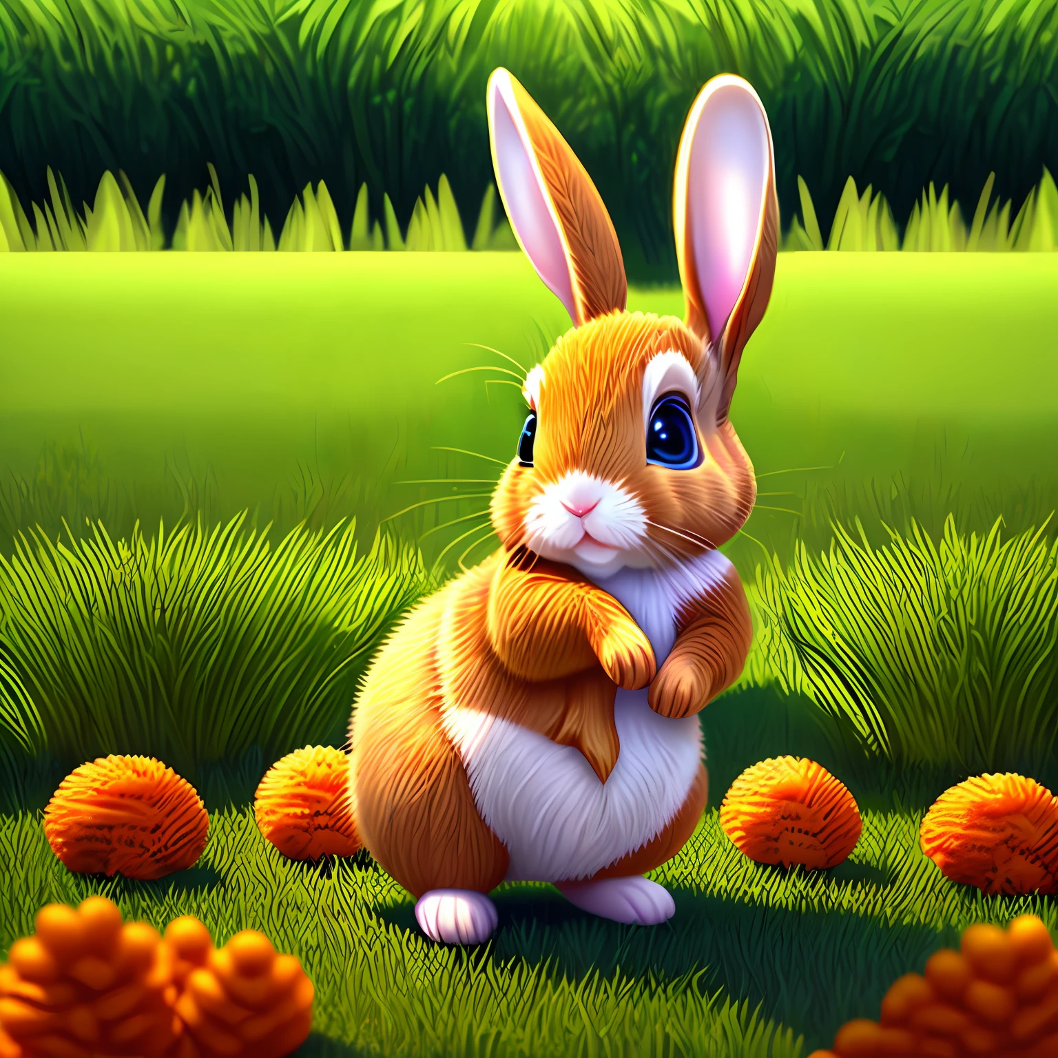 A cartoon baby rabbit reaching out to grab a carrot. In the background is a lush, green lawn. --auto