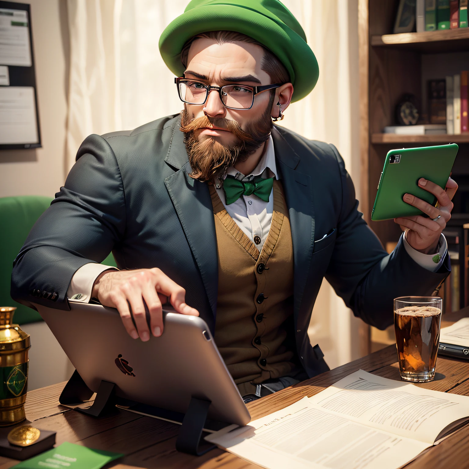 Leprechaun wearing glasses and beard , em cima de moedas de ouro, usando fone e computador, com charuto, mudar a cor do terno + do chapeu + gravata para vermlho