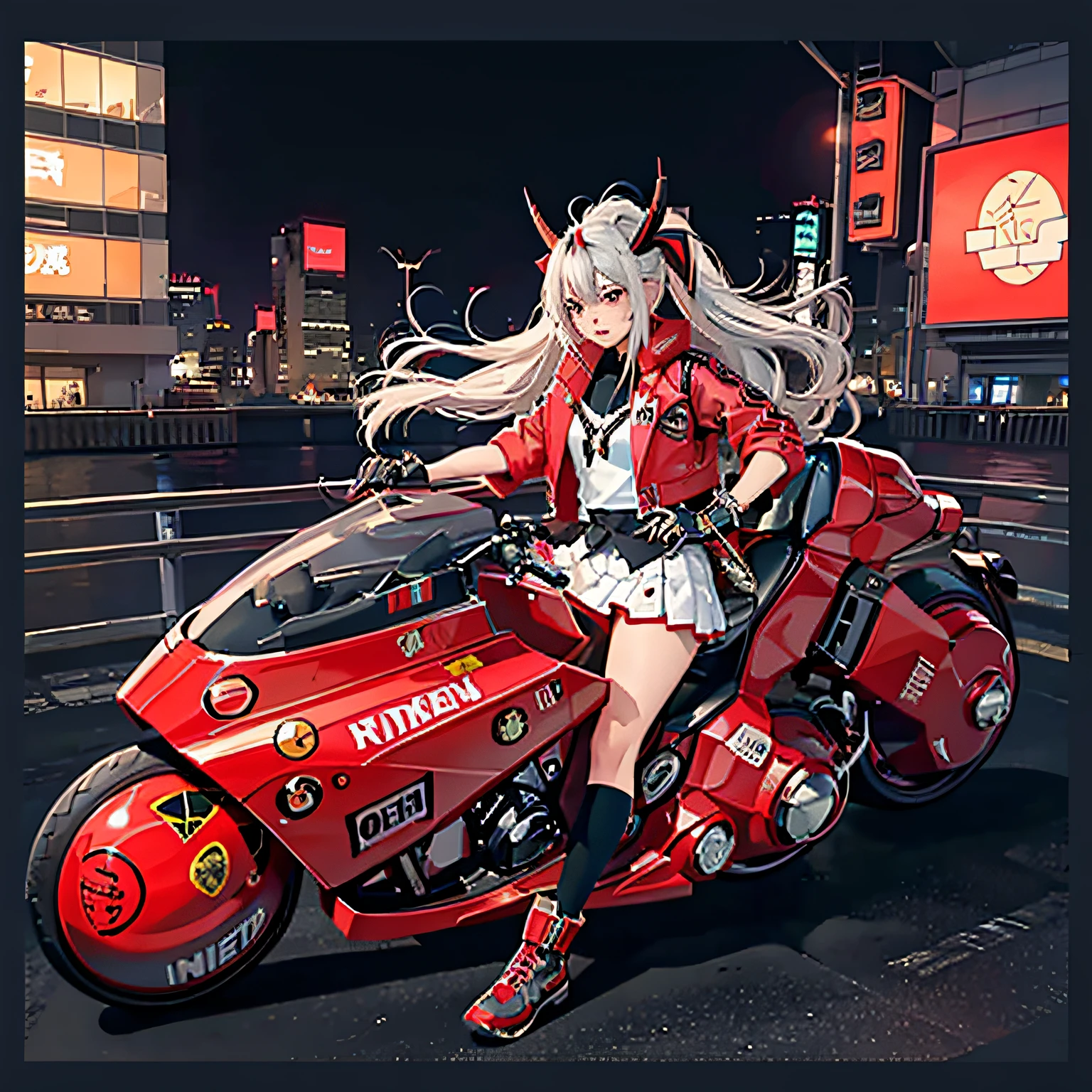 official art, unity 8k wallpaper, ultra detailed, beautiful and aesthetic, masterpiece, best quality, realistic, horns, blush, long hair, white hair, streaked hair, red eyes, hair bow, mole under eye,  red akirabike, riding bike, night, cyberpunk city view, epic screen, school uniform,