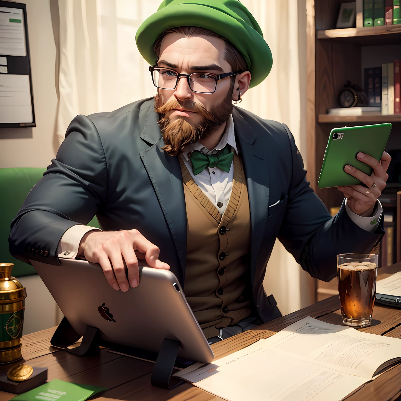 Leprechaun wearing glasses and beard , em cima de moedas de ouro, usando fone e computador, com charuto, mudar a cor do terno + do chapeu + gravata para vermlho