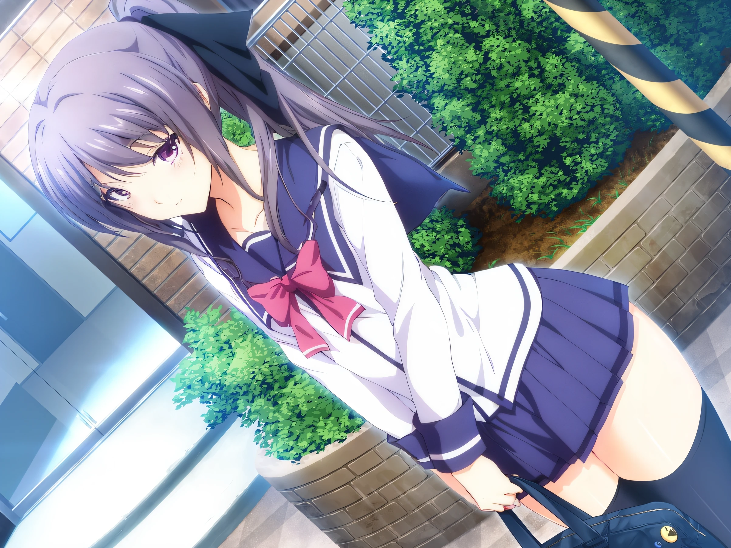 Anime girl in uniform posing in front of a building, visual novel cg, Smooth Anime CG Art, beautiful anime high school girl, visual novel key visual, yuyushiki, Anime Best Girl, closeup Iwakura Lain, Seductive Anime Girl, Anime visuals of cute girls, anime moe art style, hd screenshot, noire photo, Anime girl named Lucy