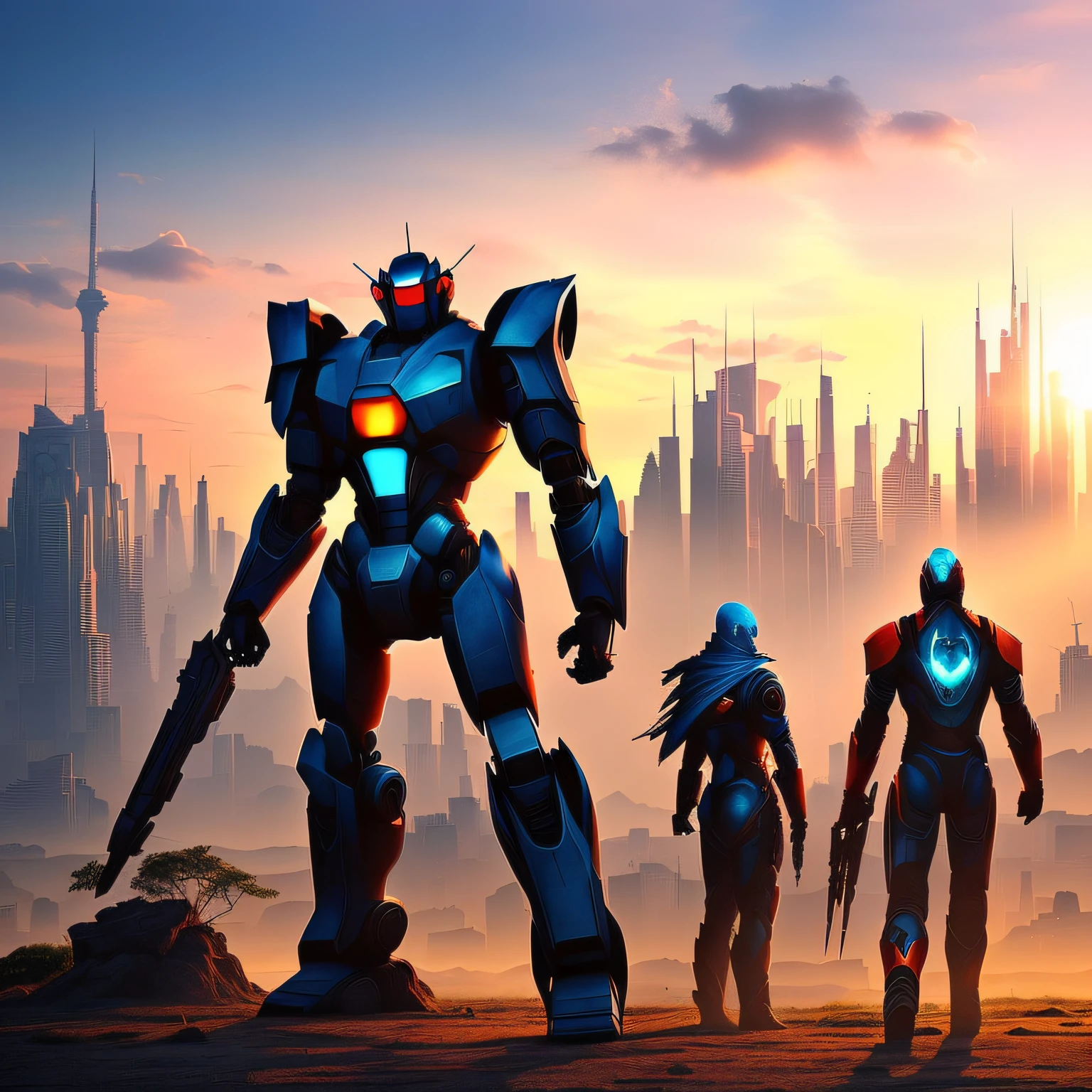 Draw the guardian of the futuristic city。Expressing the strength and grace of robots and guardians。