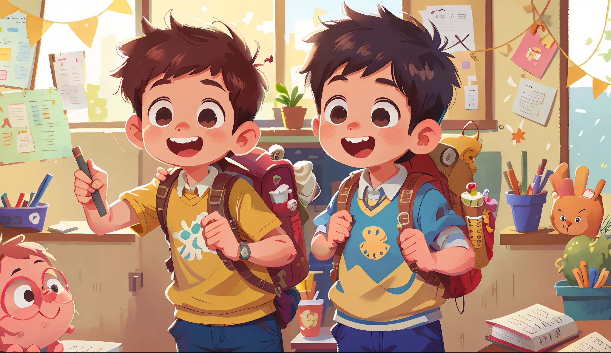 A in class, backpack on his back, happy, happy, with teacher at the door of the school, perfect quality, clear focus, (masterpiece: 1.2) (Realistic: 1.2) (Bokeh) (Best quality) (Detailed skin: 1.3) (Intricate details) (8K) (Detail eyes) (Sharp focus), (seriously)