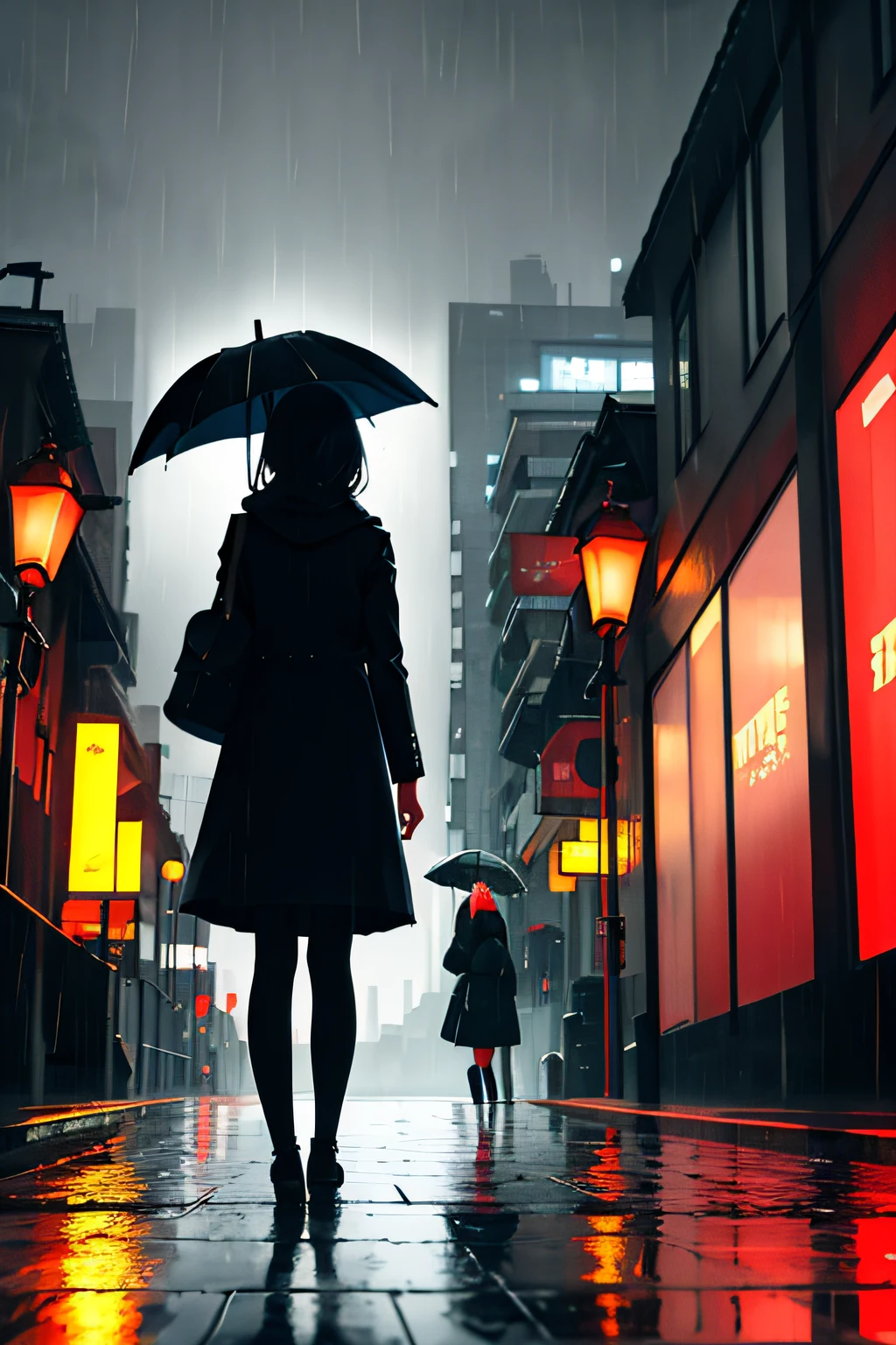 masterpiece,best quality,1girl, city,landscape,rain,umbrella,from behind