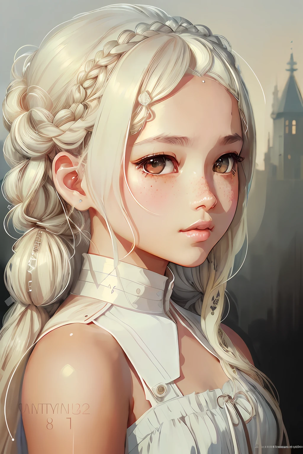 Half body portrait of a young woman, dark skinned, long platinum-blonde braided hair, freckles, scarred, sheer wedding dress, digital painting detailed face, shot on Canon 5d trending on artstation Pixiv fanbox deviantart artwork by Audrey Kawasaki WLOP Artgerm Craig Mullins Ruan Jia masterpiece, painted by Rembrandt background castle chibi,