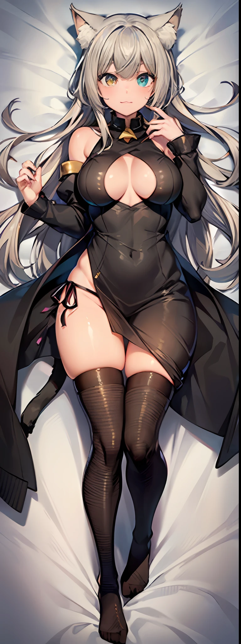 (dakimakura:1.3), (1girl:1.05), (solo:1.1), cat girl, (white hair, side drill, absurdly long hair:1.15), cat ears, (:3:1.1), heterochromia, slit pupils, (cat ear panties:1.15), (cat cutout:1.15), (open robe:1.2), robe, sleeves past fingers, cat paw shoes, ray tracing, UHD, masterpiece, anatomically correct, super detail, high details, high quality, award winning, best quality