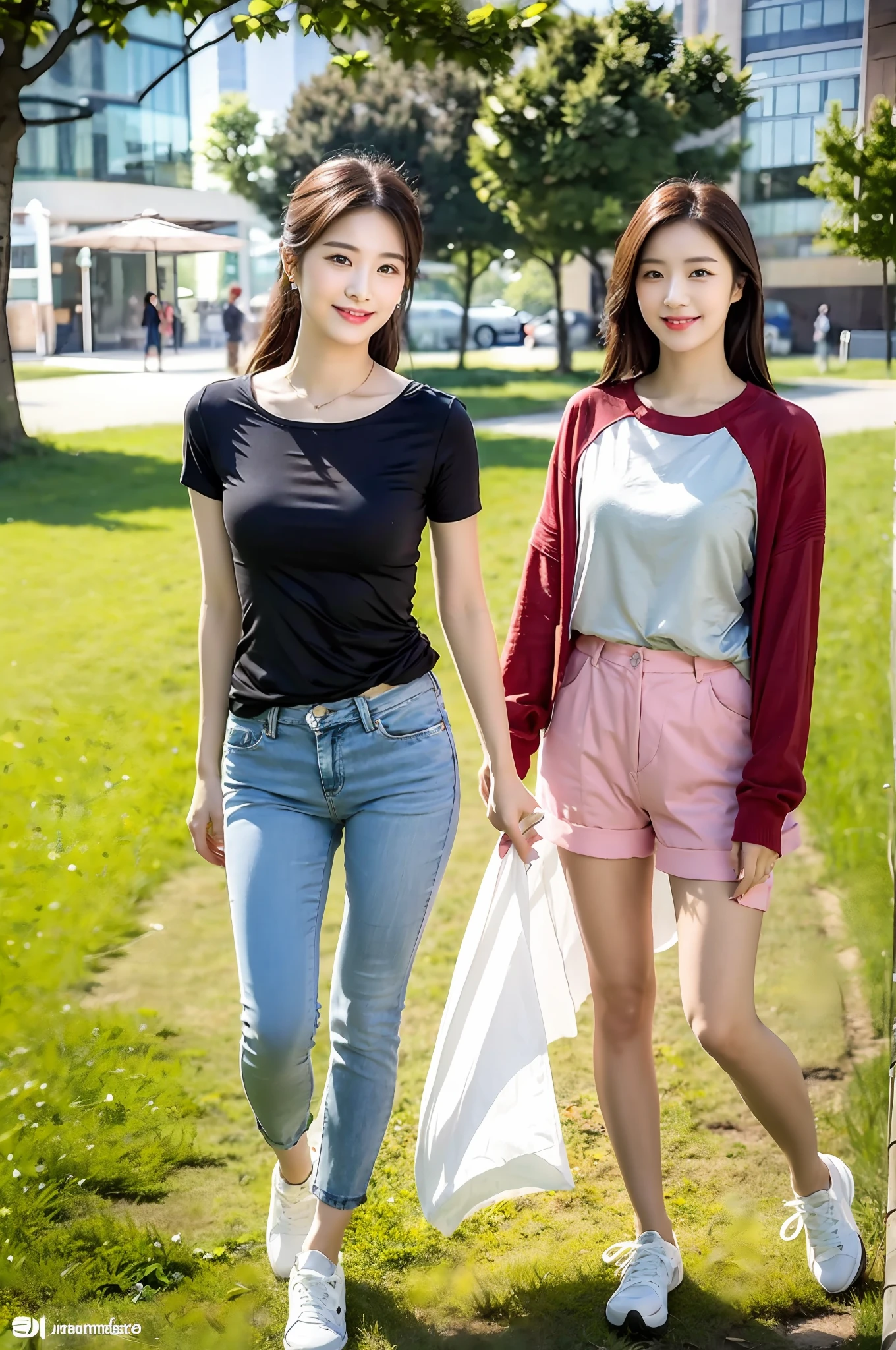 （RAW photogr，超高分辨率，tmasterpiece，best qualtiy：1.4），Complicated details，2 20 year old Korean girls，Wear a loose black T-shirt and skinny jeans，Stand on the grass and take pictures，hugs，Intimate relationships，Detailed meadow，A sweet smile on a small face，The face and skin are pink and fair，Ultra-realistic facial details，Playful and coquettish pose，The calves are straight and slender:1.5，Wear high-end branded colorful travel shoes:1.5，eventide，warm color，Broad lighting，naturalshadow，taking a full body photo:1.8