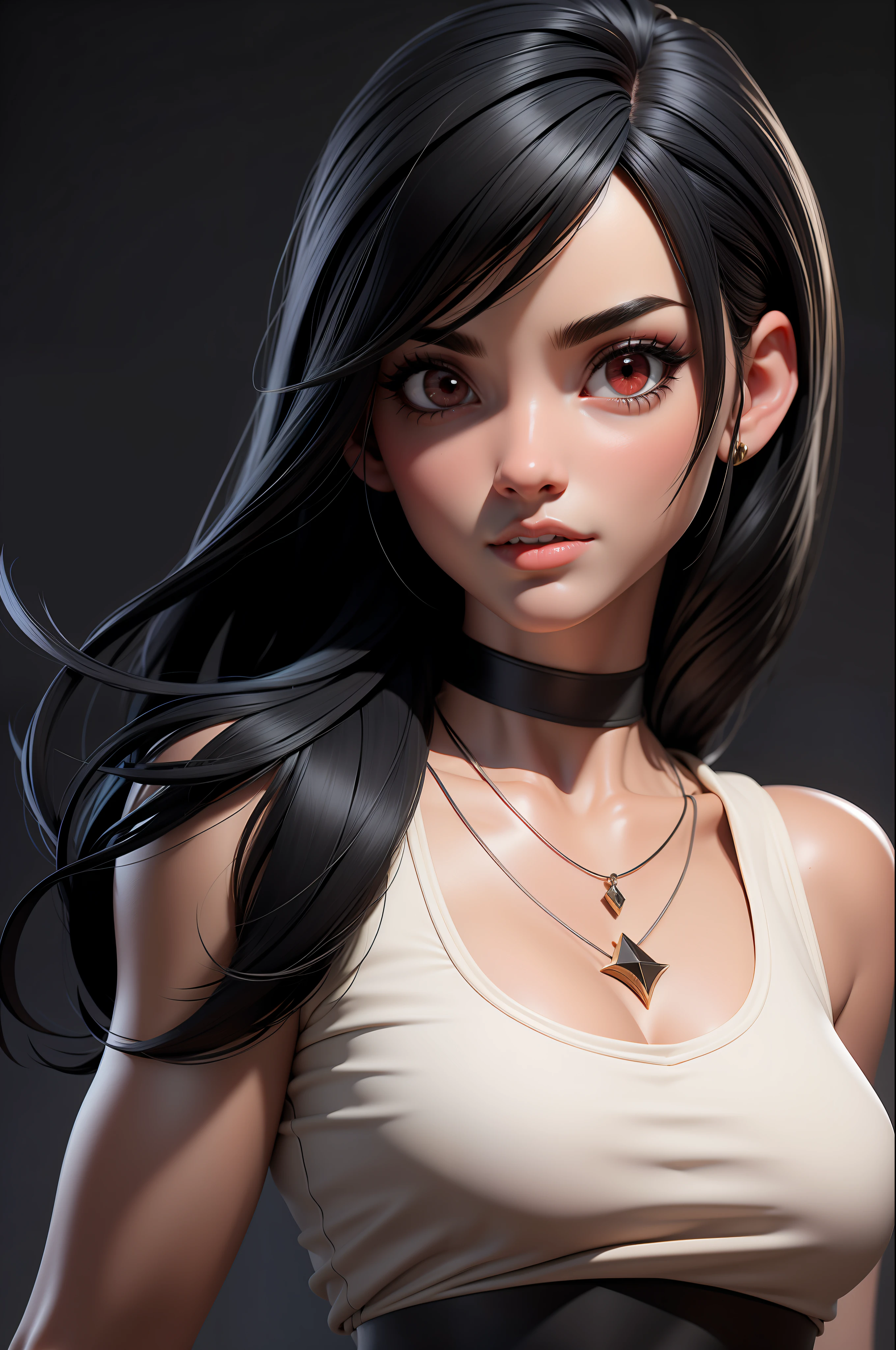 masterpiece, best quality,3d rending work ,3DMM style,close-up,portrait, 3D,1girl, solo, black hair, necklace, jewelry, looking to the side, realistic, upper body, simple background, bangs, looking away, long black hair, parted lips, choker, makeup, mole, white tank top, red eyes, tifa lockhart