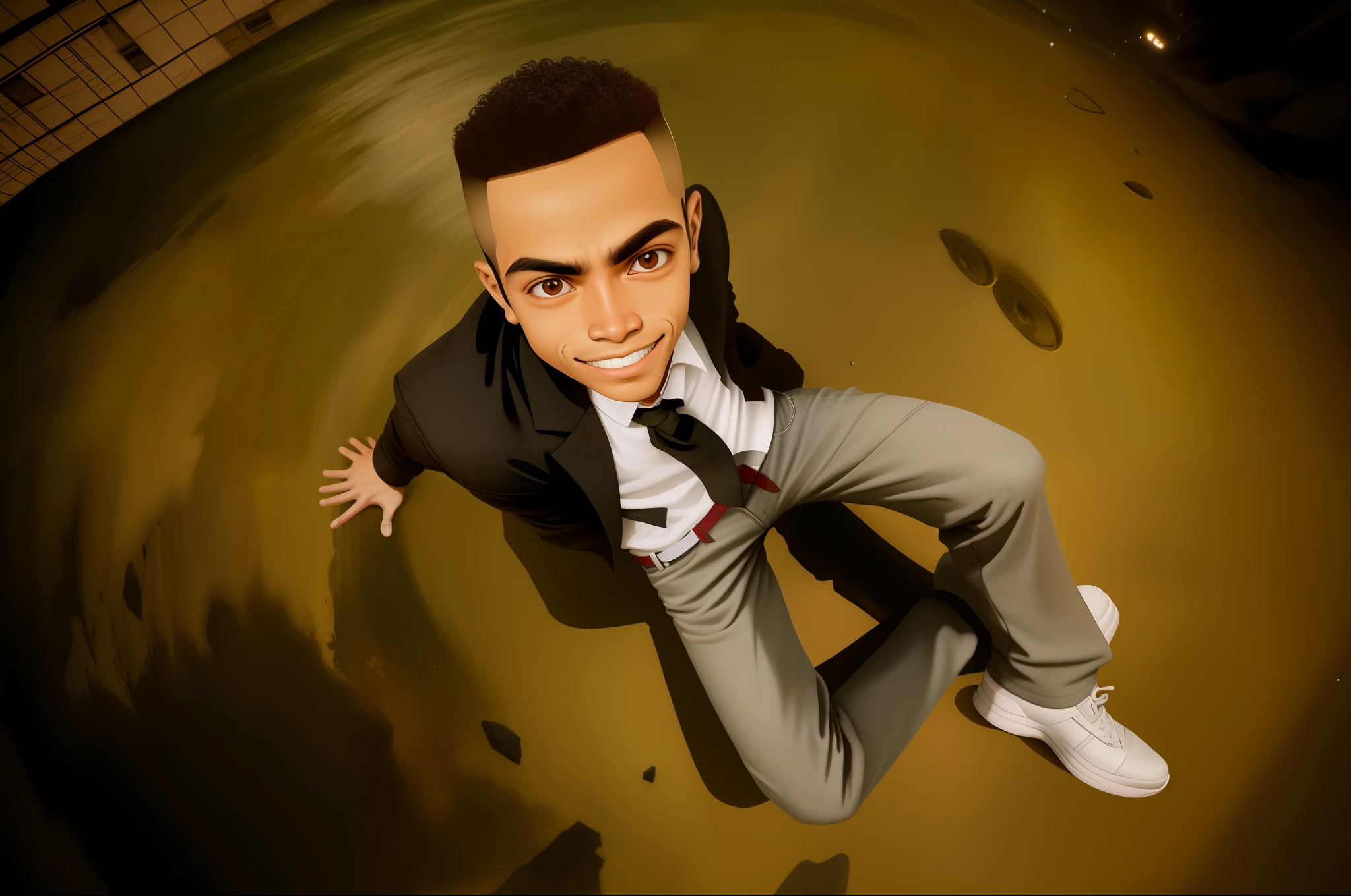 imagem arafed de um jovem de terno e gravata, sorrindo de cima, videoclipe, Retrato no meio da foto, looking down on the camera, Riyahd Cassiem, foto de cima para baixo, tiro de cima para baixo, screensaver, Pose legal, Retrato grande angular de Astroboy, foto retrato, still from a music video, pose divertida, garotinho