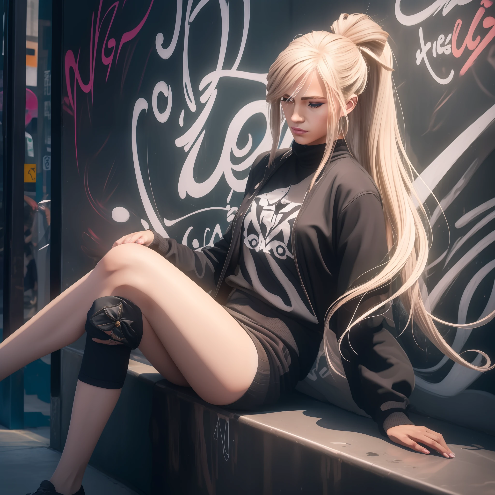 Hello, I would like you to produce an ultra-realistic image, fotografia real, 4k, circunstanciado, com cores cinza e preto fortes, da personagem barbie loira, com a letra B desenhada no moletom, vestido de moletom com um estilo hip hop, sitting at a subway stop with the graffiti wall behind him in an elegant style