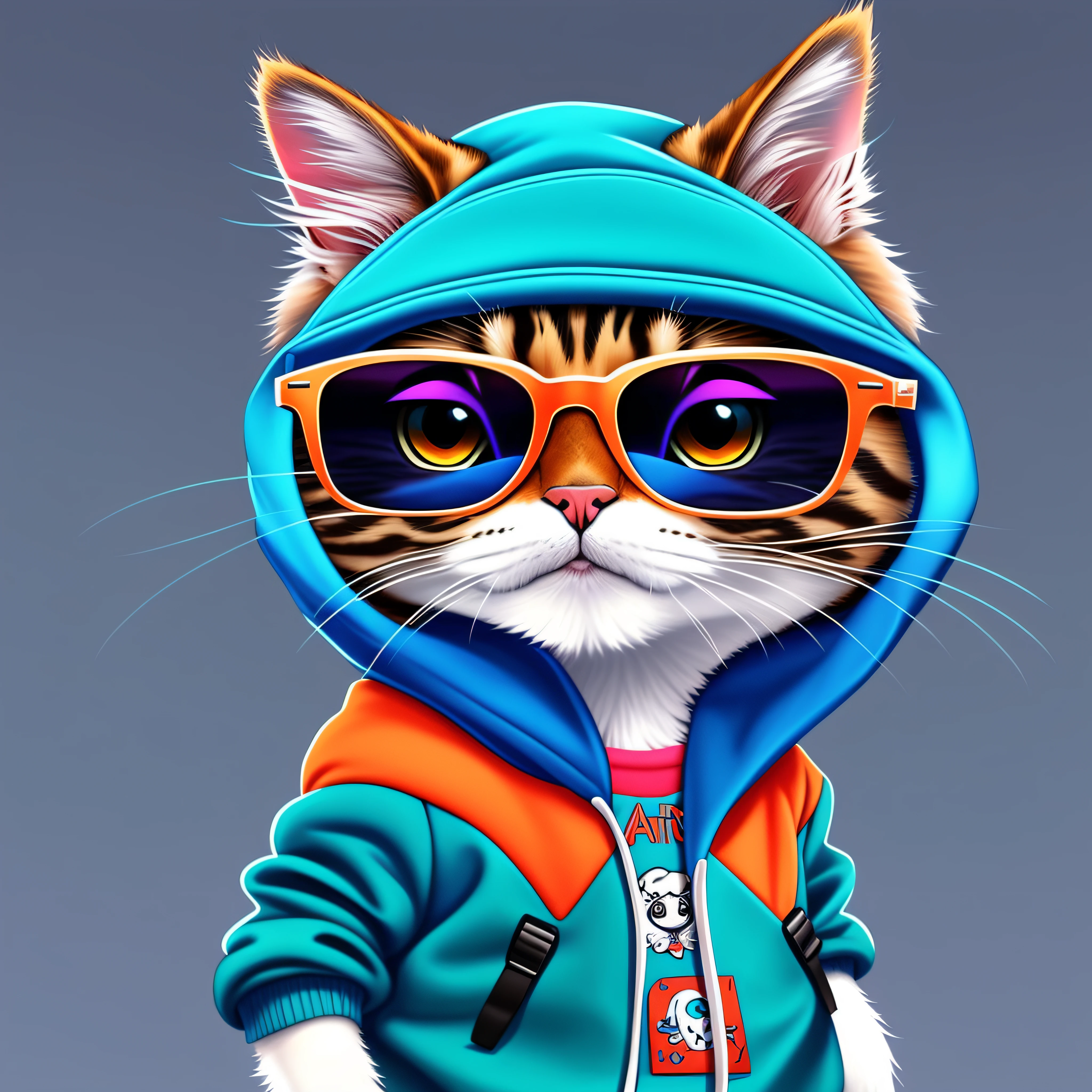 There is a cat wearing a hoodie and sunglasses on a gray background, olhando heckin legal e elegante, arte digital bonito, arte digital dos desenhos animados, papel de parede do telefone hd, papel de parede do telefone hd, arte vibrante dos desenhos animados, arte digital detalhada bonito, arte digital peluda, desenho animado de arte digital, artista peludo, awesome cat, anthropomorphic cat, arte de pintura digital dos desenhos animados, painting digital adorable