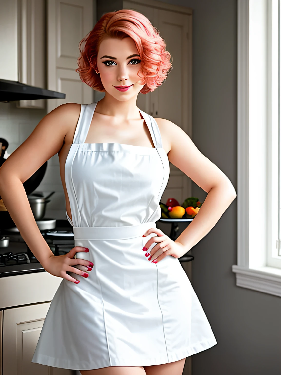 a closeup portrait of a playful maid, undercut hair, apron, amazing body, pronounced feminine feature, kitchen, [ash blonde | ginger | pink hair], freckles, flirting with camera