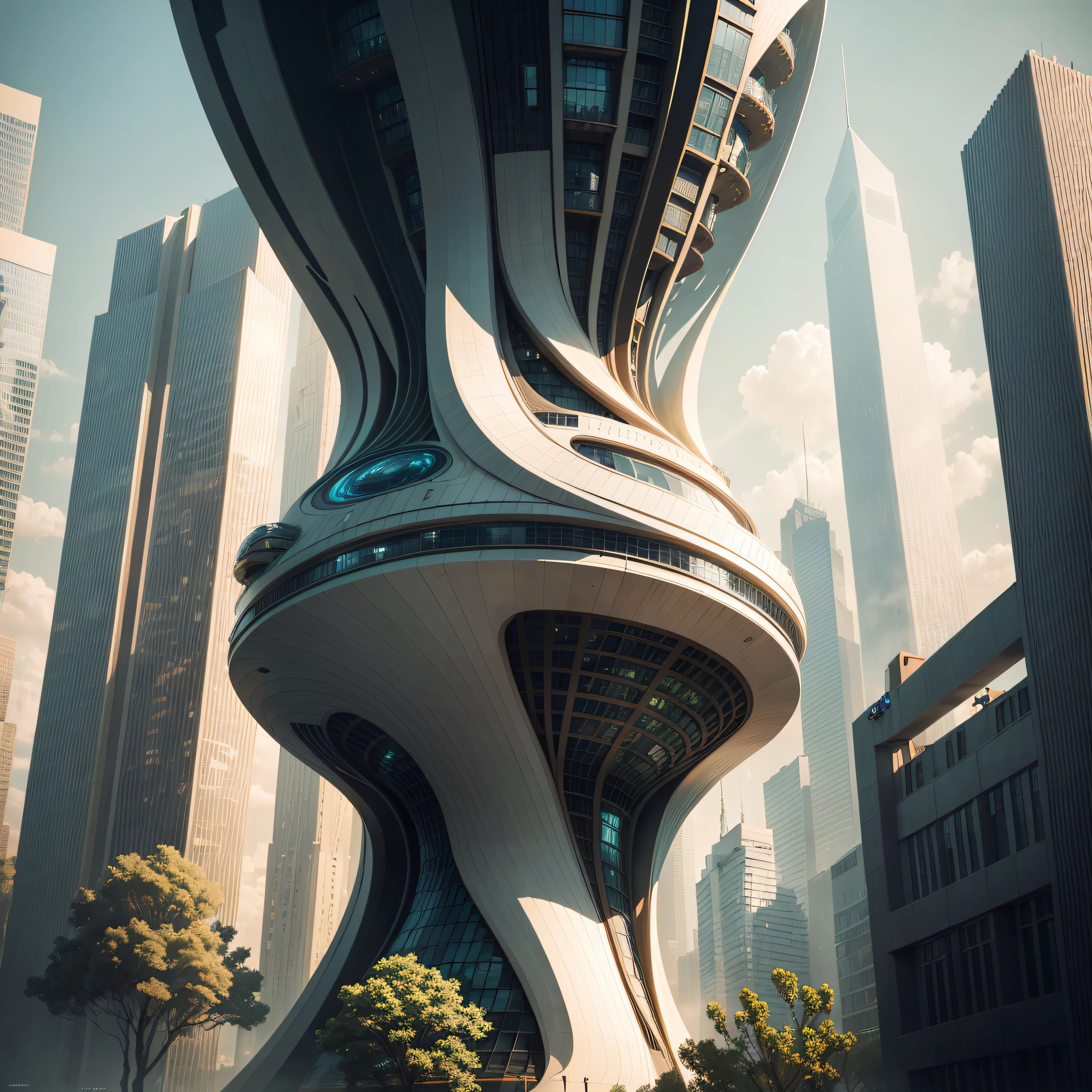 A tall building in a futuristic city designed by Zaha Hadid, A futuristic building, A modern building, sidewalks around the building, imagination, a fusion between the future and the past, jardins suspensos, The Hanging Gardens of Babylon, sustentabilidade, tecnologia do futuro, Very tall building, architectural creativity, nova cultura, Self-sufficiency, the golden ratio, a beautiful building in the middle of the image, um fundo desfocado, a building, espalhar, cores naturais, cores calmas, obra-prima, arte, best resolution --auto