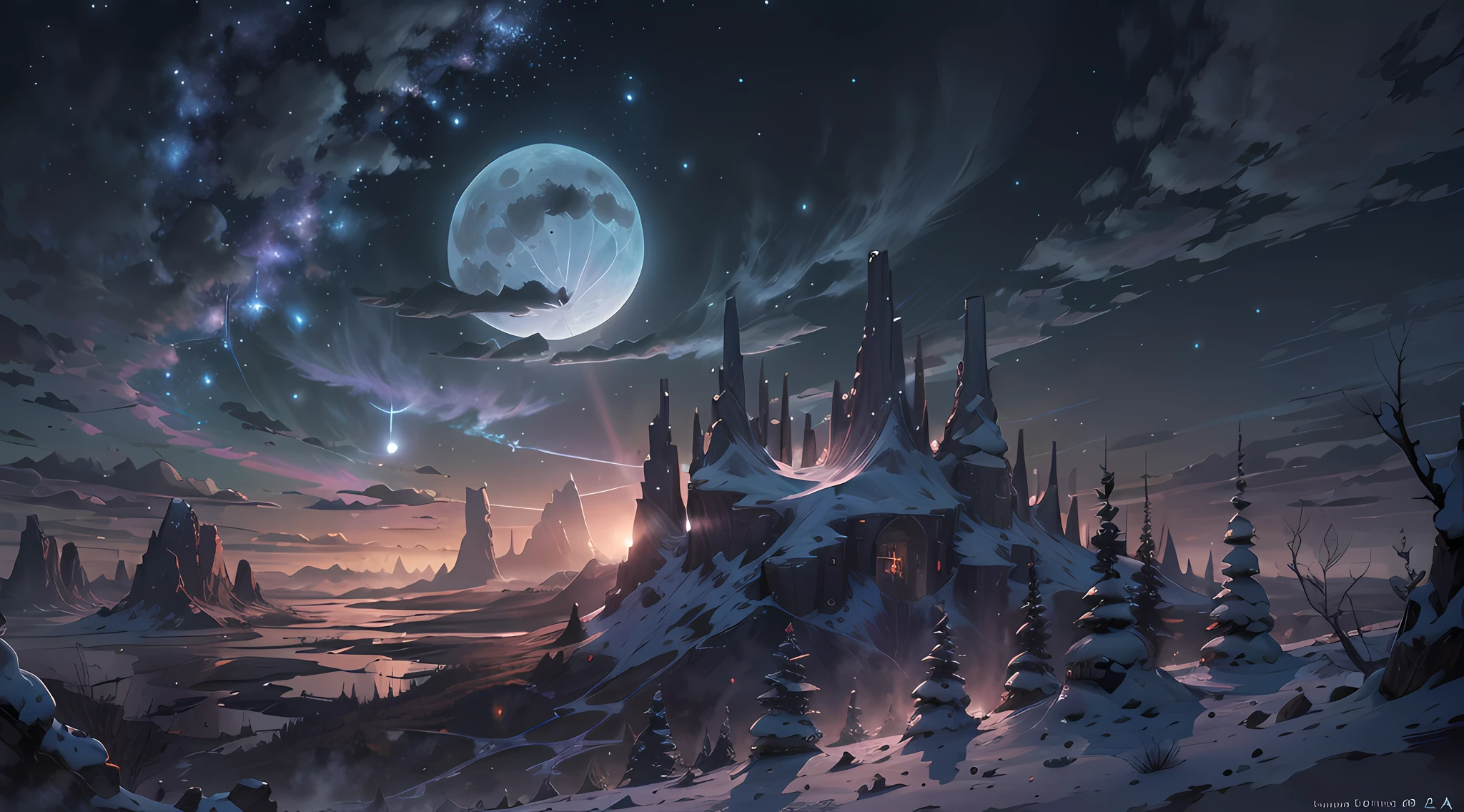 Expansive landscape photography, (See below.), Above is the sky, Below is an open field), (Full Moon: 1.2), (Meteor: 0.9), (Nebula: 1.3), distant mountain, BREAK tree making art, (Warm light source: 1.2), (Firefly: 1.2), lights, Very purple and orange, complicated detail, volume lighting, BREAK realism (Masterpiece: 1.2), (best quality), Ultra-detailed, RAWExtremely detailed, Colorful details,  (Rainbow colors: 1.2), (bright lighting, atmospheric lighting), Dreamlike, Magical, 4k