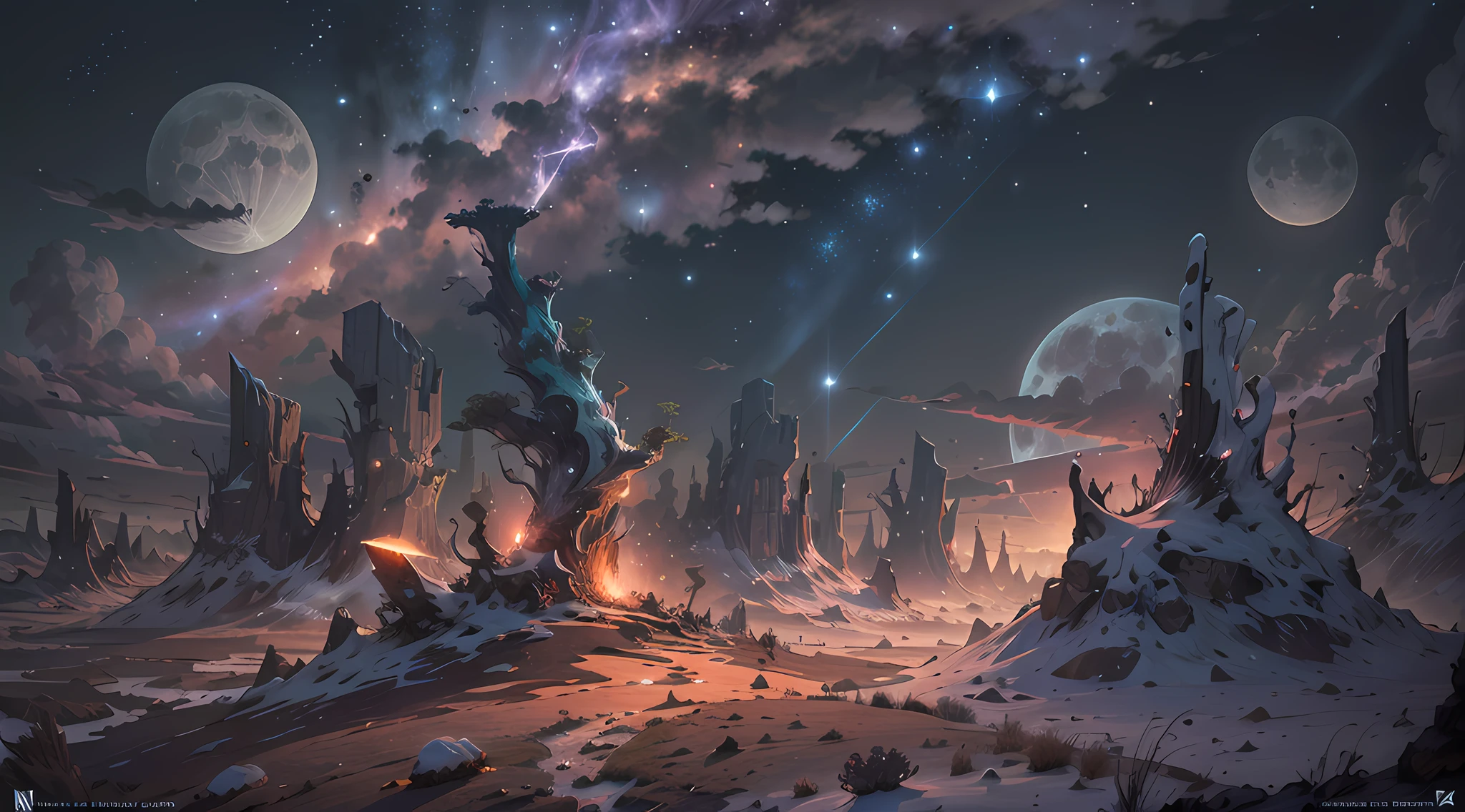 Expansive landscape photography, (See below.), Above is the sky, Below is an open field), (Full Moon: 1.2), (Meteor: 0.9), (Nebula: 1.3), distant mountain, BREAK tree making art, (Warm light source: 1.2), (Firefly: 1.2), lights, Very purple and orange, complicated detail, volume lighting, BREAK realism (Masterpiece: 1.2), (best quality), Ultra-detailed, RAWExtremely detailed, Colorful details,  (Rainbow colors: 1.2), (bright lighting, atmospheric lighting), Dreamlike, Magical, 4k