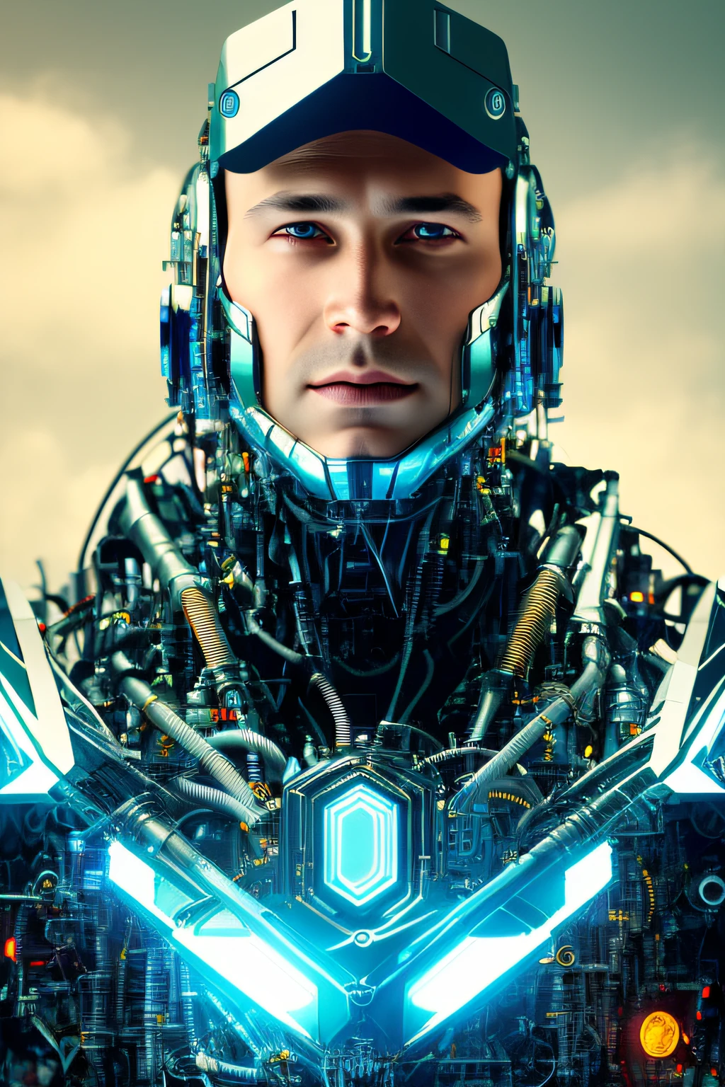 full body cyborg| full-length portrait| detailed face| symmetric| steampunk| cyberpunk| cyborg| intricate detailed| to scale| hyperrealistic| cinematic lighting| digital art| concept art| mdjrny-v4 style