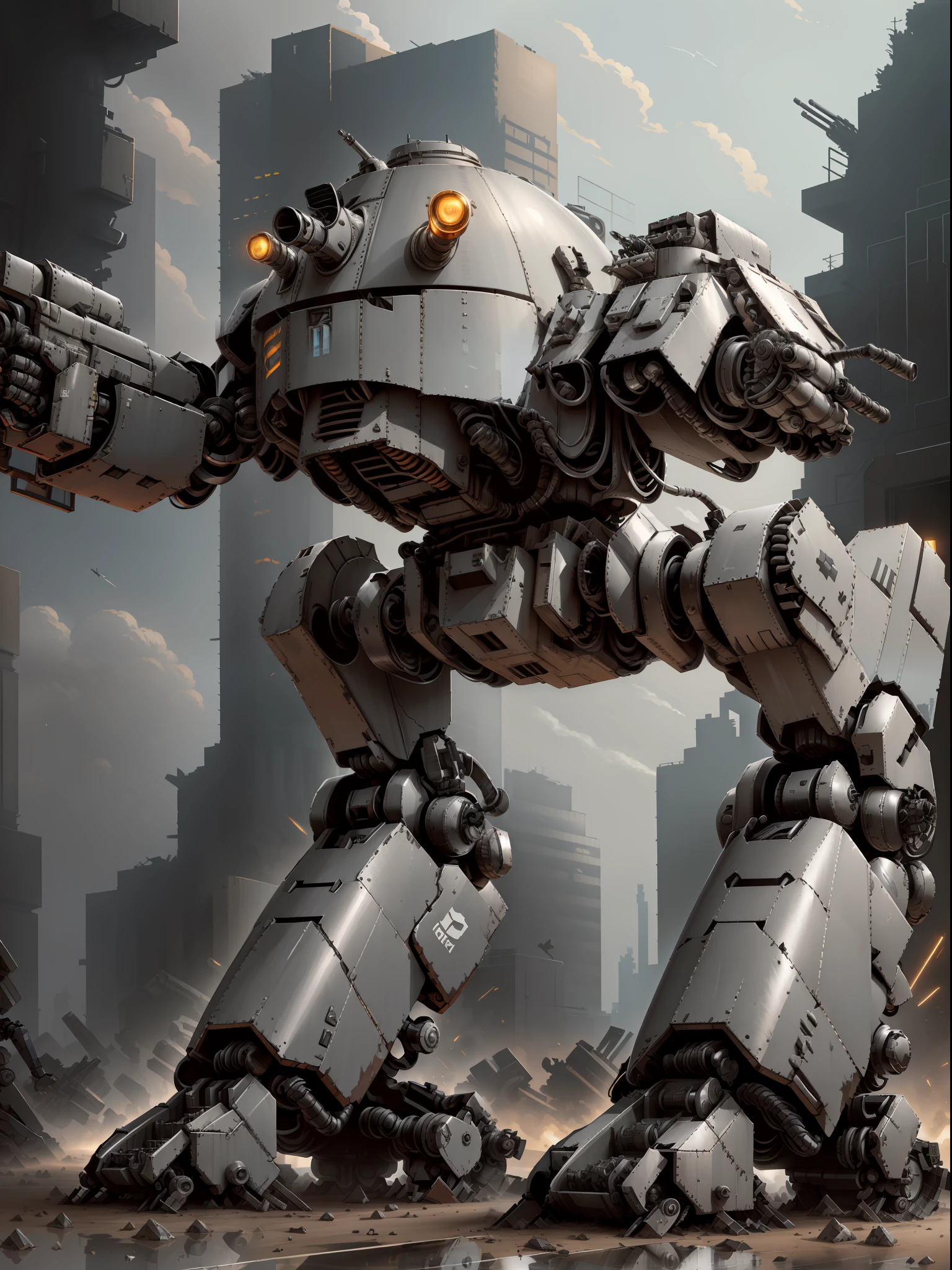 a robot with a gun in its hand, mech robot futuristic, mech shaped like a manatee, mech body, mech robot, full body mech, futuristic robot, concept robot, sci-fi mech, tank with legs, white mech bot, war robot, mech, military robot, battlemech, battle mech, tremendous mecha robot, humanoid mech, ed209, ED-209, ed 209, (dark silver dull metal alloy:1.4), (standing in front of tall glass building:1.3) with (reflection in windows:1.1)