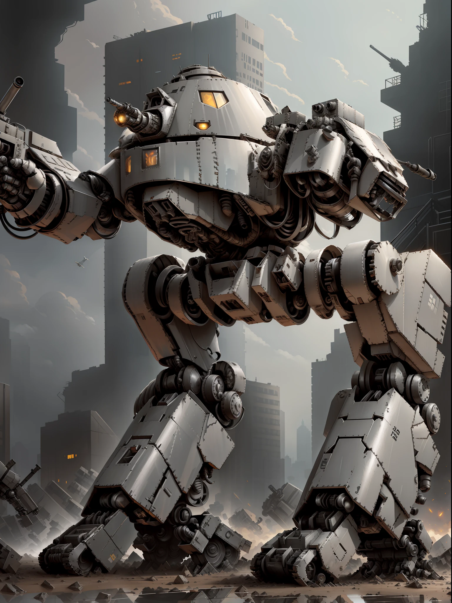 a robot with a gun in its hand, mech robot futuristic, mech shaped like a manatee, mech body, mech robot, full body mech, futuristic robot, concept robot, sci-fi mech, tank with legs, white mech bot, war robot, mech, military robot, battlemech, battle mech, tremendous mecha robot, humanoid mech, ed209, ED-209, ed 209, (dark silver dull metal alloy:1.4), (standing in front of tall glass building:1.3) with (reflection in windows:1.1)