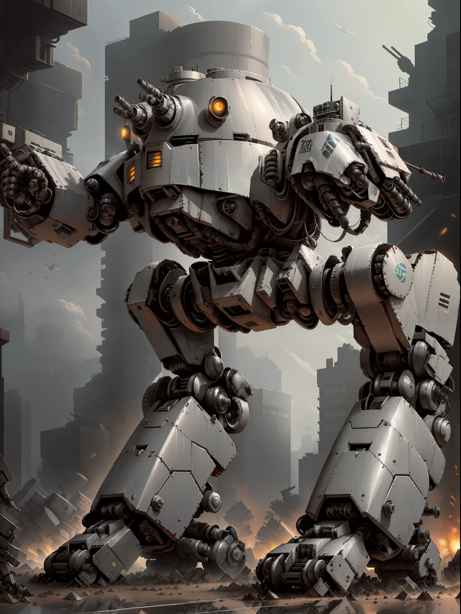 a robot with a gun in its hand, mech robot futuristic, mech shaped like a manatee, mech body, mech robot, full body mech, futuristic robot, concept robot, sci-fi mech, tank with legs, white mech bot, war robot, mech, military robot, battlemech, battle mech, tremendous mecha robot, humanoid mech, ed209, ED-209, ed 209, (dark silver dull metal alloy:1.4), (standing in front of tall glass building:1.3) with (reflection in windows:1.1)