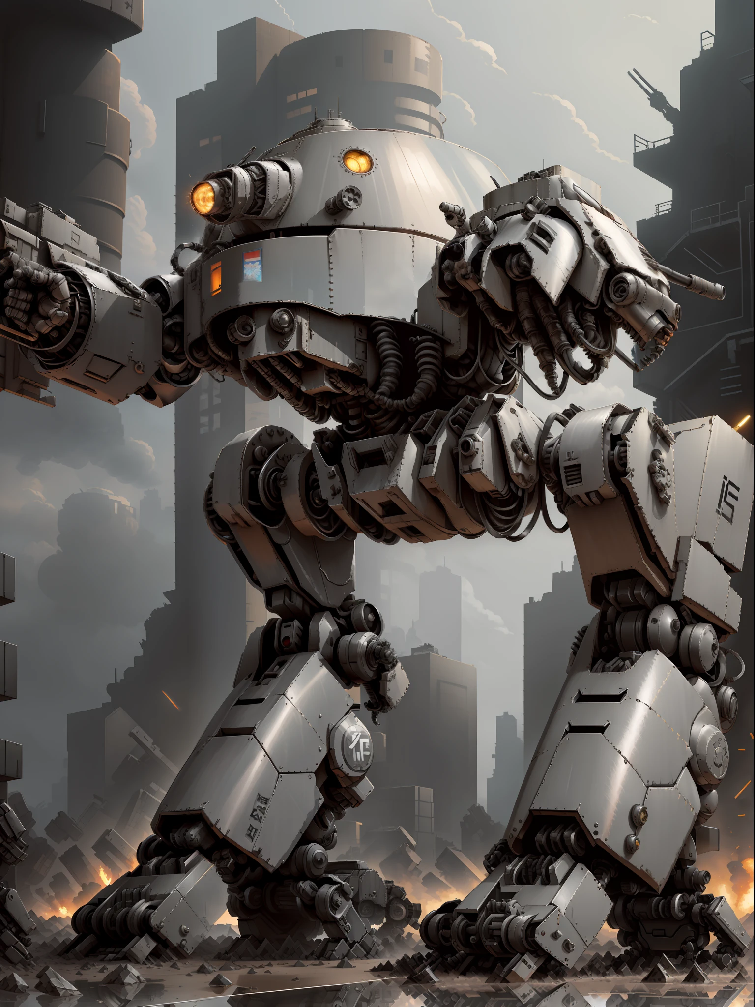 a robot with a gun in its hand, mech robot futuristic, mech shaped like a manatee, mech body, mech robot, full body mech, futuristic robot, concept robot, sci-fi mech, tank with legs, white mech bot, war robot, mech, military robot, battlemech, battle mech, tremendous mecha robot, humanoid mech, ed209, ED-209, ed 209, (dark silver dull metal alloy:1.4), (standing in front of tall glass building:1.3) with (reflection in windows:1.1)