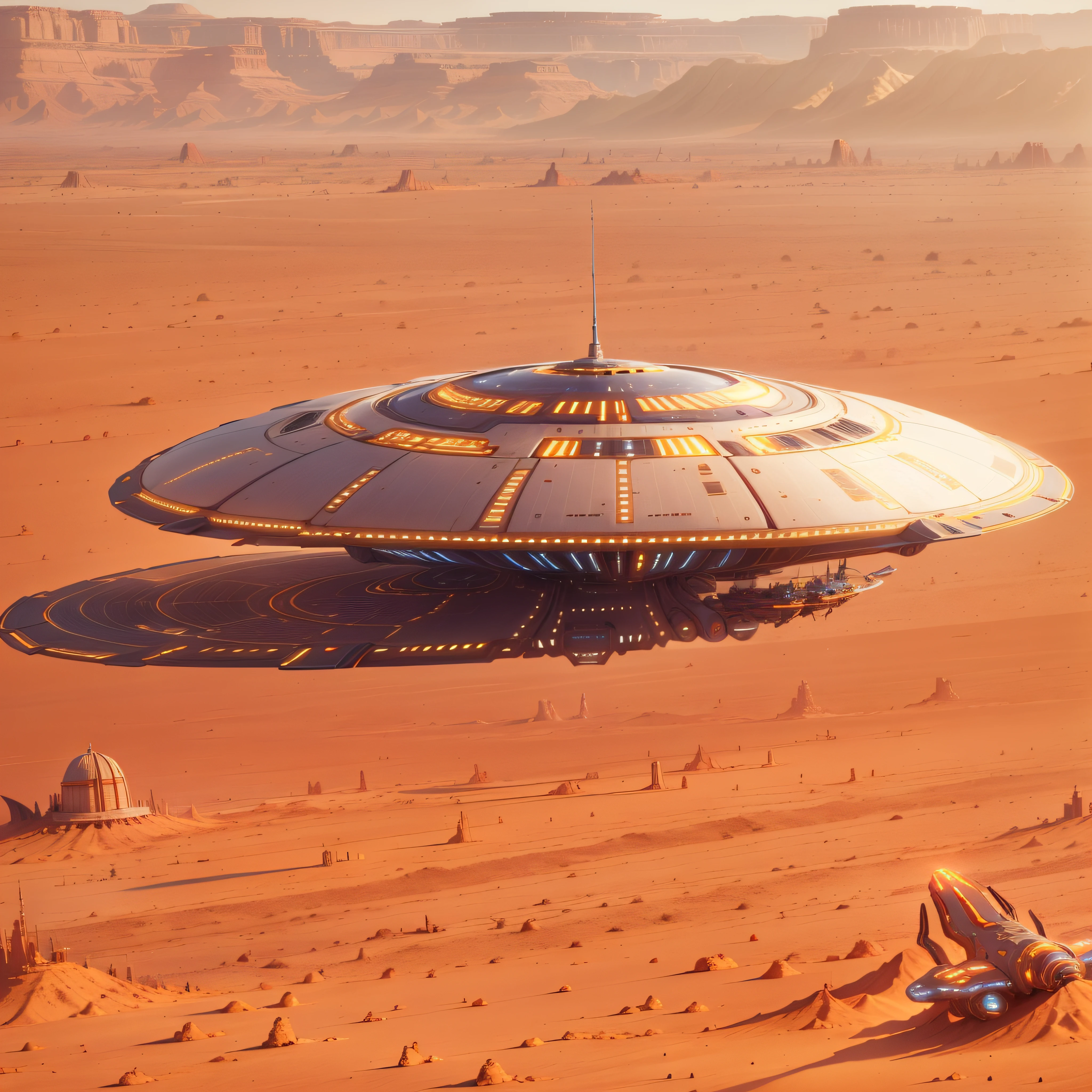 spaceship flying over a desert area with a desert in the foreground, spaceship flies into the distance, utopian space ship, floating vehicles, an intact ancient alien ship, flying scifi vehicle, spaceship from the movie dune, ufo landing, spaceship in background, futuristic starship, science fiction spacecraft, ancient space ship, flying vehicles, alien starship, of a ufo propulsion system, flying saucer