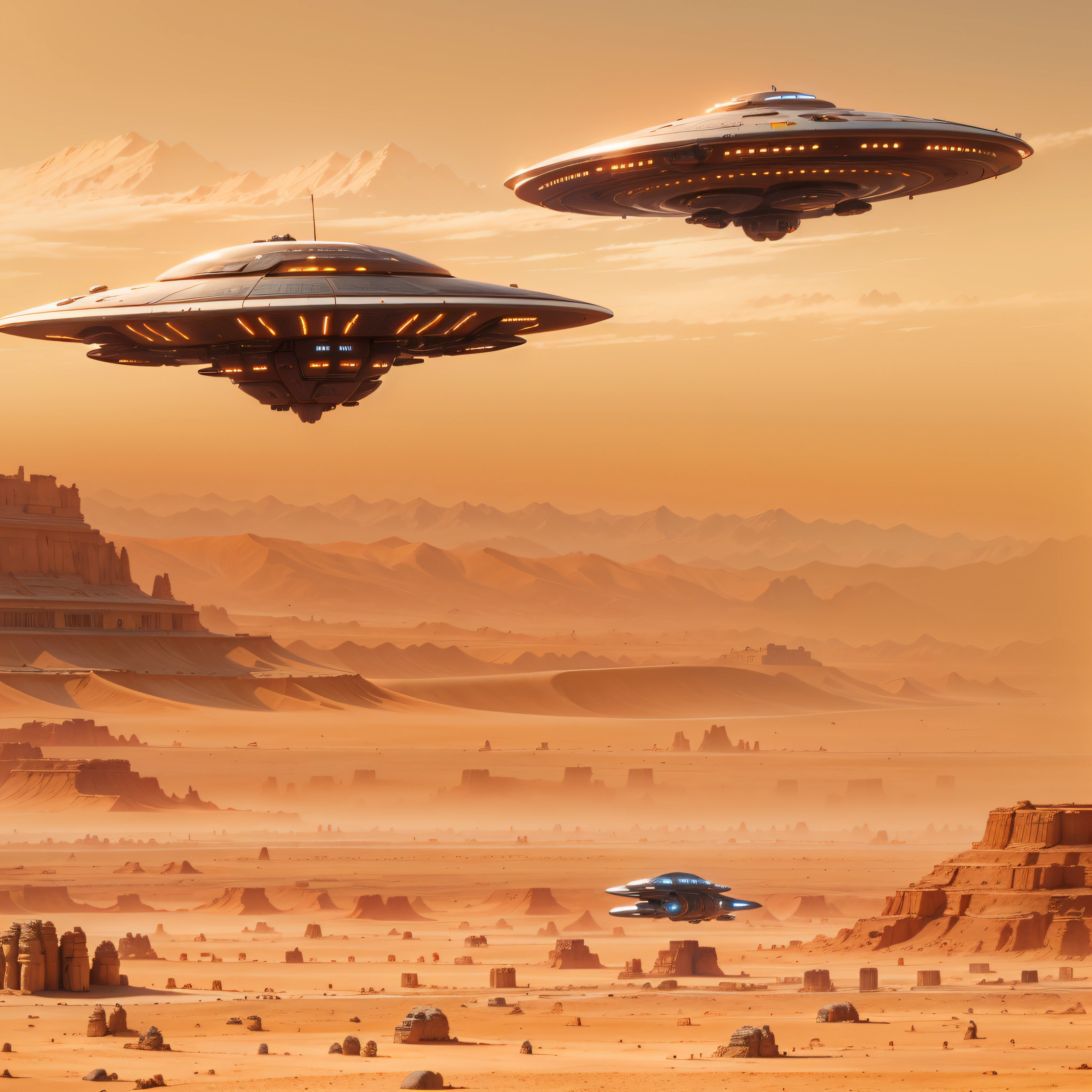 spaceship flying over a desert area with a desert in the foreground, spaceship flies into the distance, utopian space ship, floating vehicles, an intact ancient alien ship, flying scifi vehicle, spaceship from the movie dune, ufo landing, spaceship in background, futuristic starship, science fiction spacecraft, ancient space ship, flying vehicles, alien starship, of a ufo propulsion system, flying saucer
