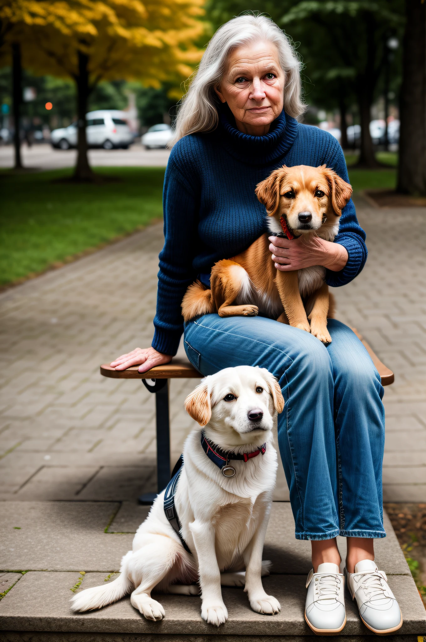 Uma fotografia de retrato de uma velha ((60 anos)), foto premiada, melhor qualidade, Retrato por Annie Leibovitz, Canon 5D Marcos II, Film, fotografia profissional, (cores ricas:1.1), hyper realistic, Realistic texture, (natural lightting: 1.1), (Canon EF 85mm f/1.4L IS USM) sitting on the bench in the square with her dog