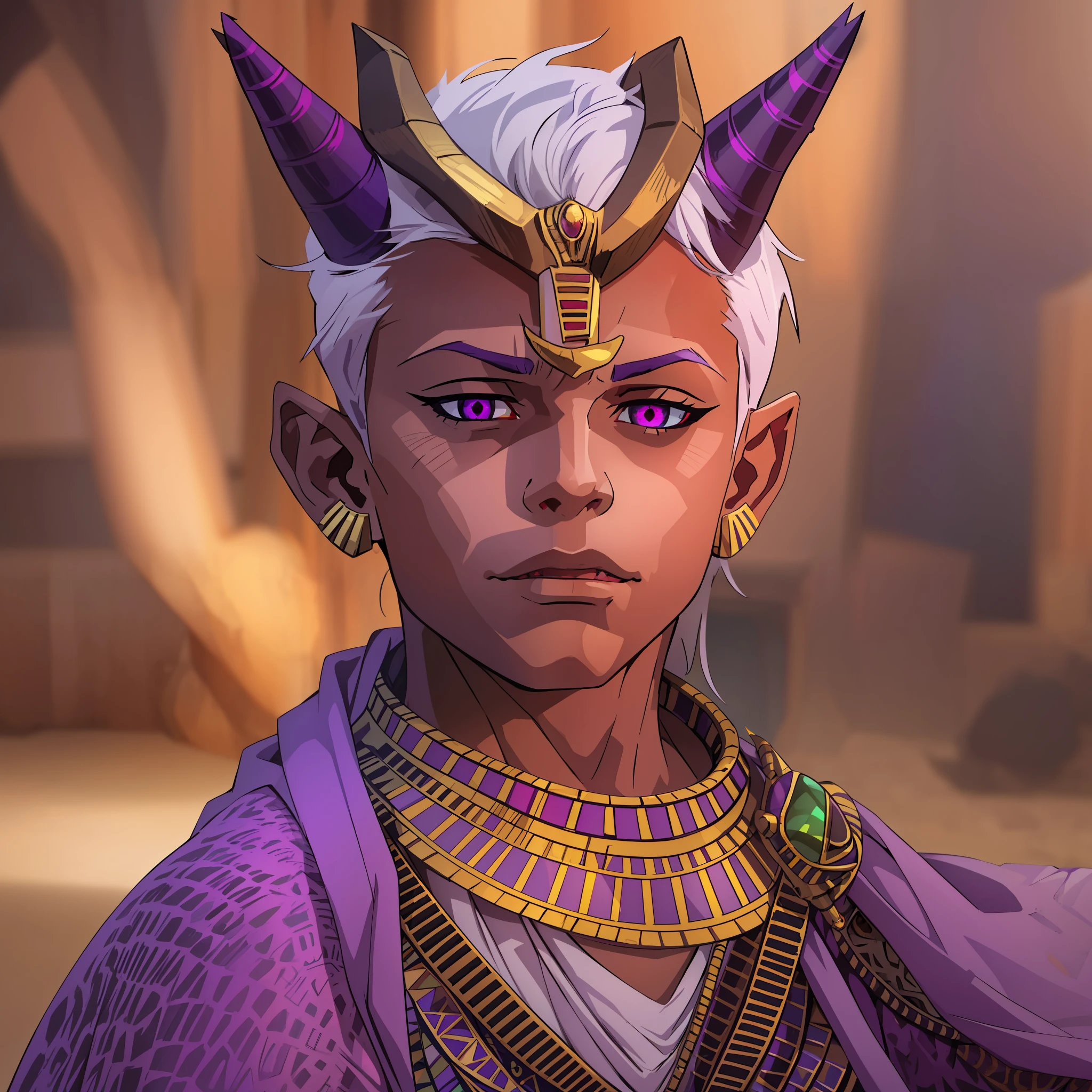 Closeup, 7 year old boy, red skin, tiny horns (3 cm), sharp claws on nails, fiery eyes (bright purple pupil), pointed ears, white hair, short and straight, bored facial expression, social Egyptian clothes ( purple and gold details), flat style look, spiritual egyptian empire in the background
