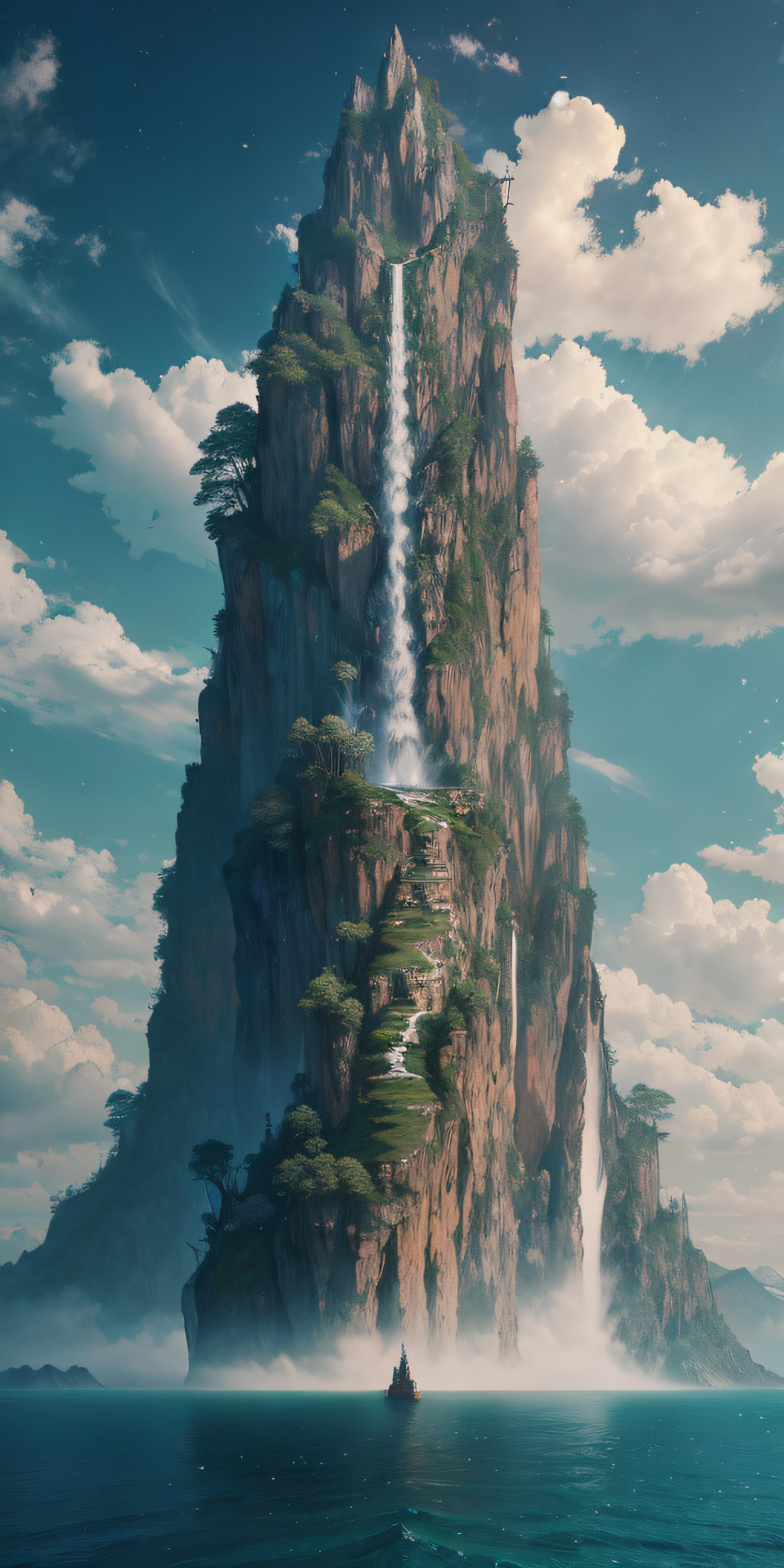 A masterpiece, there is a waterfall flowing down from a towering snow-capped mountain in the ocean, the snow-capped snow-capped mountain, the frozen sea, the effect is extremely beautiful. clouds. Clouds and mists are like fairyland. A detailed matte painting inspired by Jessica Rossier, Artstation contest winner, detail enhancement, fantasy art, epic matte painting of an island, mountains, 4k highly detailed digital art, 4k vertical wallpaper, 4k vertical wallpaper, 4k detail fantasy, matte painting 4k 8k, 8k matte painting