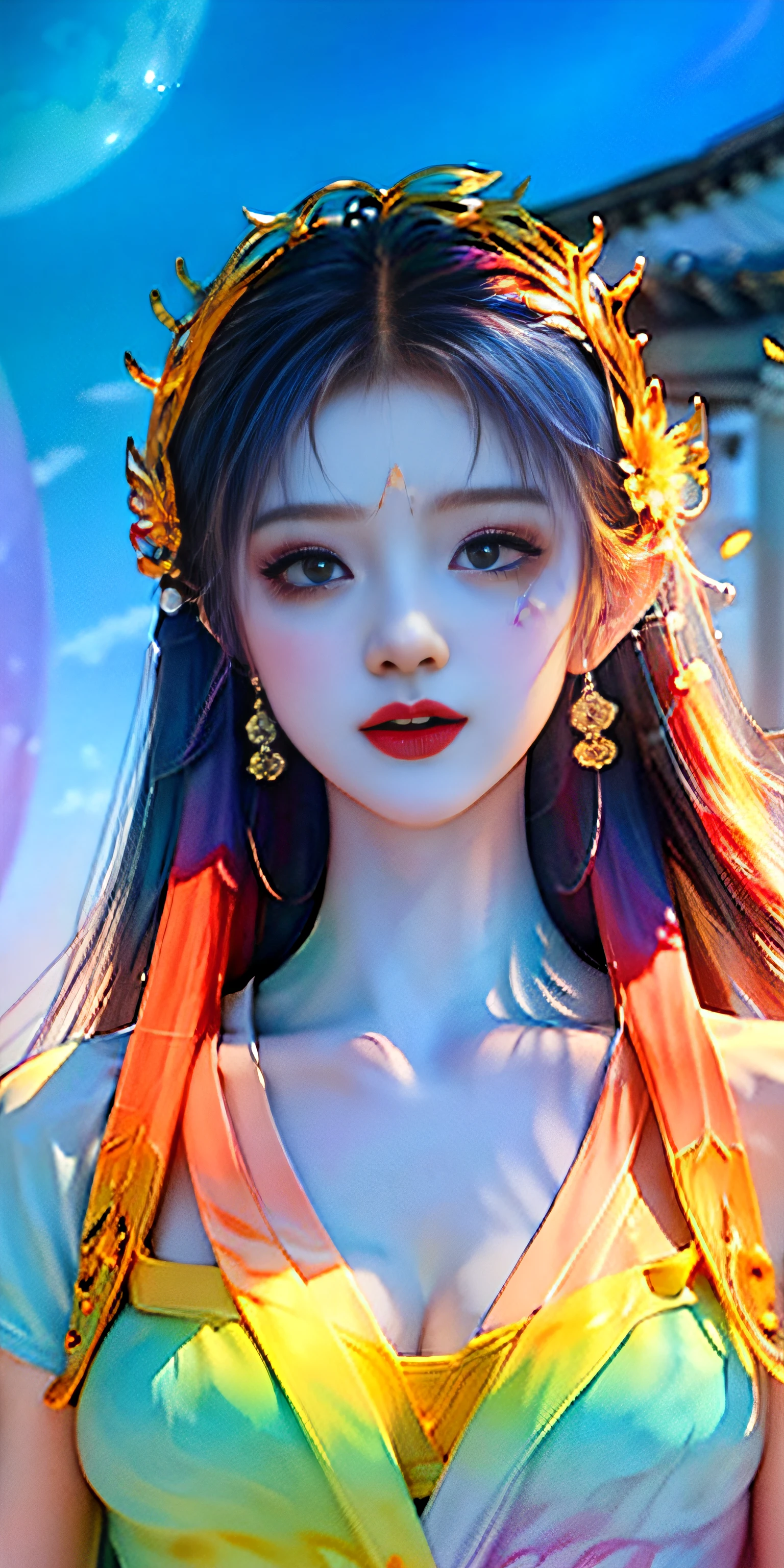 total body, (8k, RAW photo: 1.2), top quality, ultra high resolution, dramatic angle, (fluttering detailed color splash), (illustration), (one girl))), (long hair), (rain: 0.9), (headdress: 1.4), there is an ancient palace next to the girl, Hanf, (emphasis), Color ink painting, (splash color), splash color, (((colorful))), (Sketch: 0.8), Masterpiece, Best Quality, Beautiful Paintwork, Very Detailed, (Denoise: 0.6), [Splash Ink], (Ink Refraction)), (Beautiful Detailed Sky), Moon, Very, Detail, (Masterpiece, Best Quality, Very Detailed) CG Unity 8k wallpaper, masterpiece, best quality, super detail), (garlic),