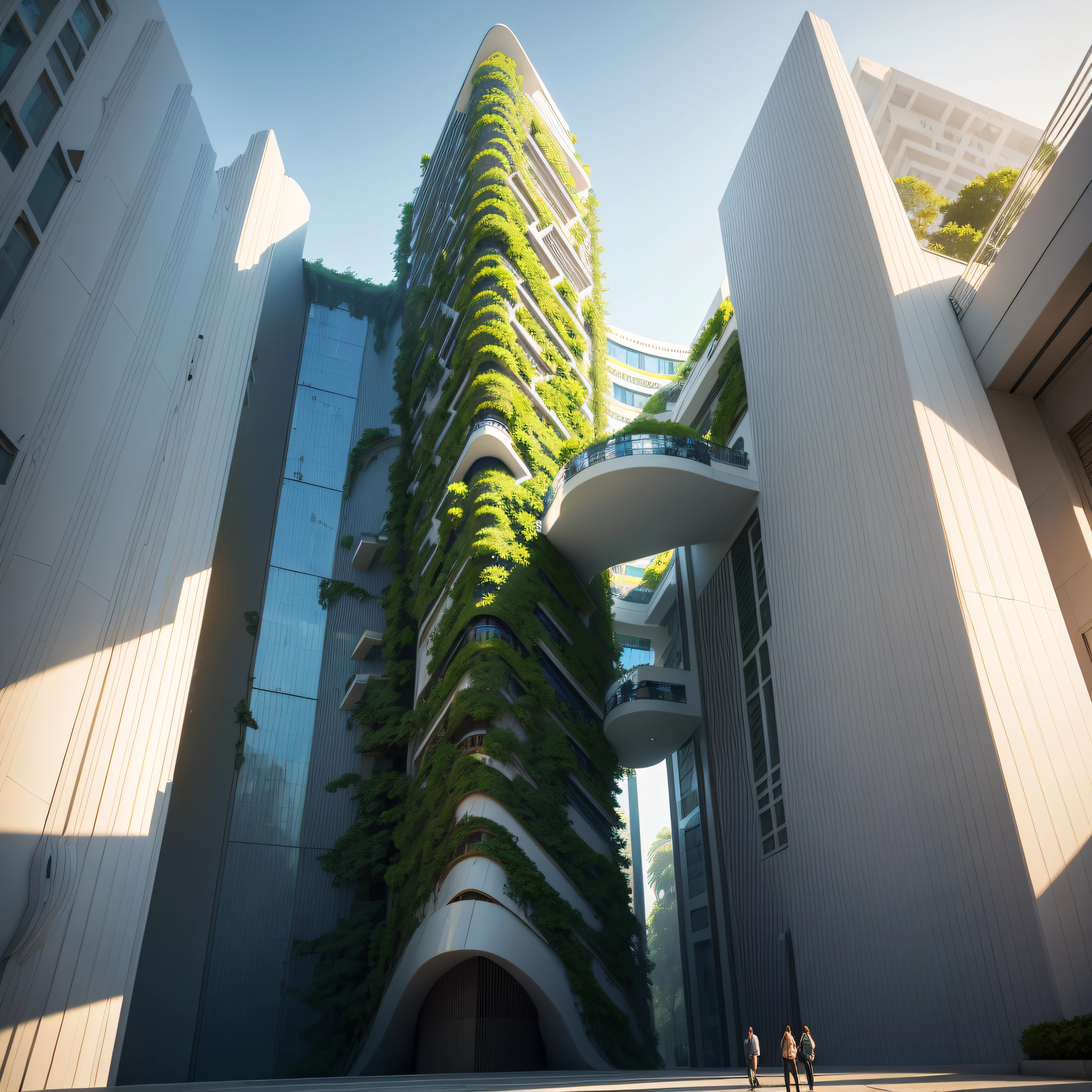 Um palacio alto em uma cidade futurista projetada por Zaha Hadid, um palacio futurista, um palacio moderno, sidewalks around the building, imagination, a fusion between the future and the past, jardins suspensos, The Hanging Gardens of Babylon, sustentabilidade, tecnologia do futuro, Very tall building, architectural creativity, nova cultura, Self-sufficiency, the golden ratio, a beautiful building in the middle of the image, um fundo desfocado, a building, espalhar, cores naturais, cores calmas, obra-prima, arte, best resolution --auto