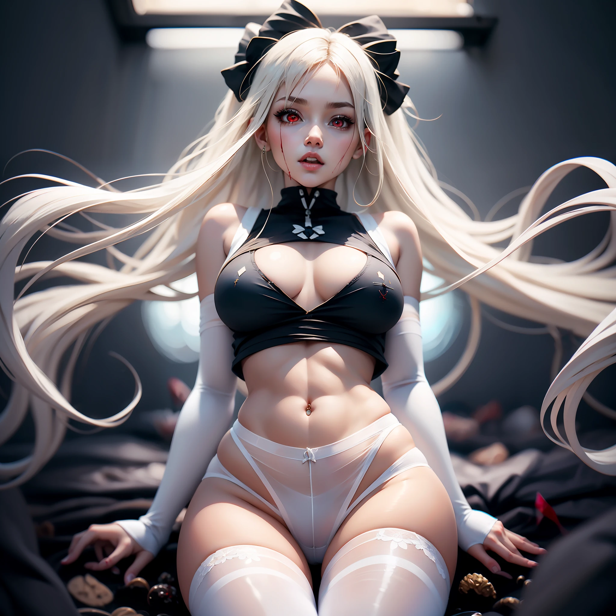 Sexy girl spreads her legs,White transparent tights,Pantyhose,Vest line,silber hair,Blood-red eyes,Looming,mid - length hair,Brace your hands on the ground,耳Nipple Ring,1 girl ,Best quality,Anatomically correct,pure white panties,Ultra-light underwear,Crop topping,Bow knot, cropped shoulders,Tong