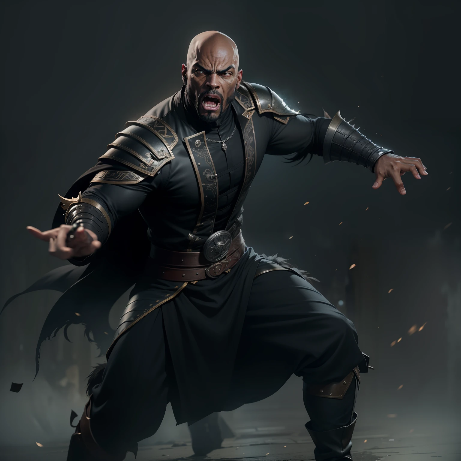 realistic image of a bald black man, 40 years old, tall and strong, ultra-detailed black eyes, furious expression, dressed in black RPG warrior costume and with silver shoulder pads, attacking with a high kick