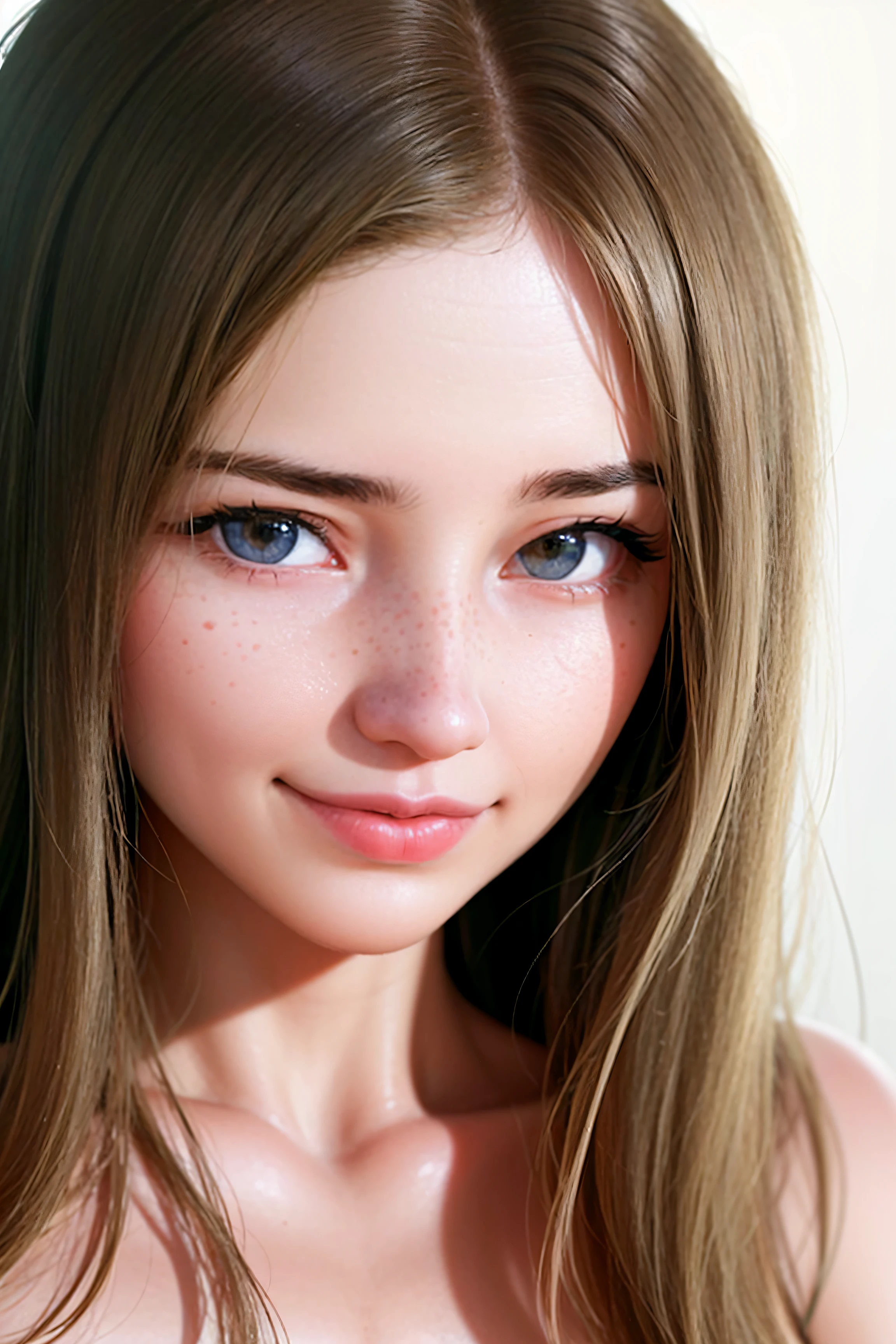 1girl, close-up, portrait, looking at viewer, (dimples:1.5), freckles, smile, detailed face features, photorealistic, high quality, best quality, highres, detailed green eyes, strong makeup