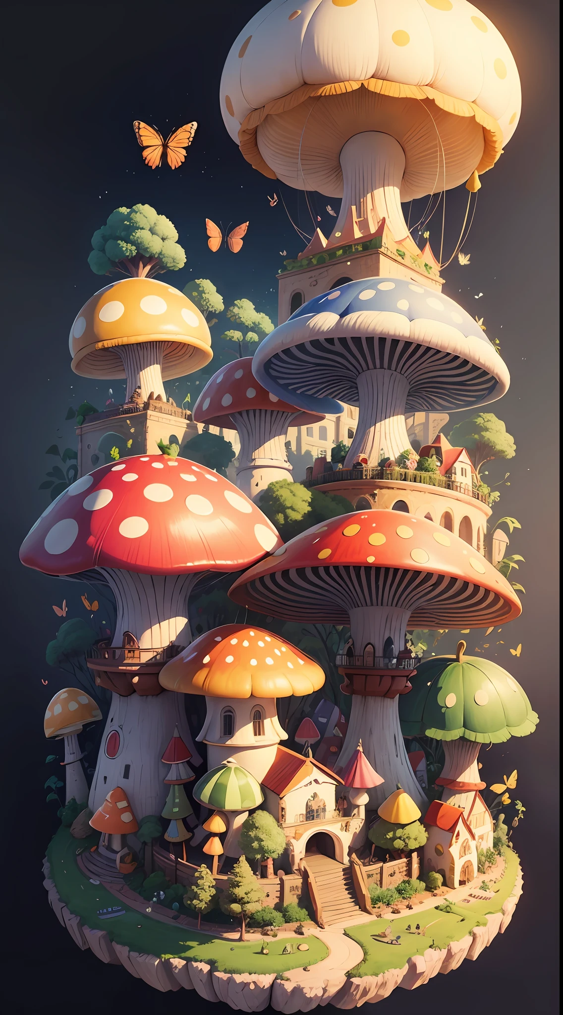There is a drawing of a city of a giant mushroom with a lot of fruits and vegetables. Cada fruta e verdura tem uma janela, cada janela tem uma luz acesa. there are balloons flying and butterflies flying. desenho em grafite, preto e branco, 8k, alta resolução. --auto