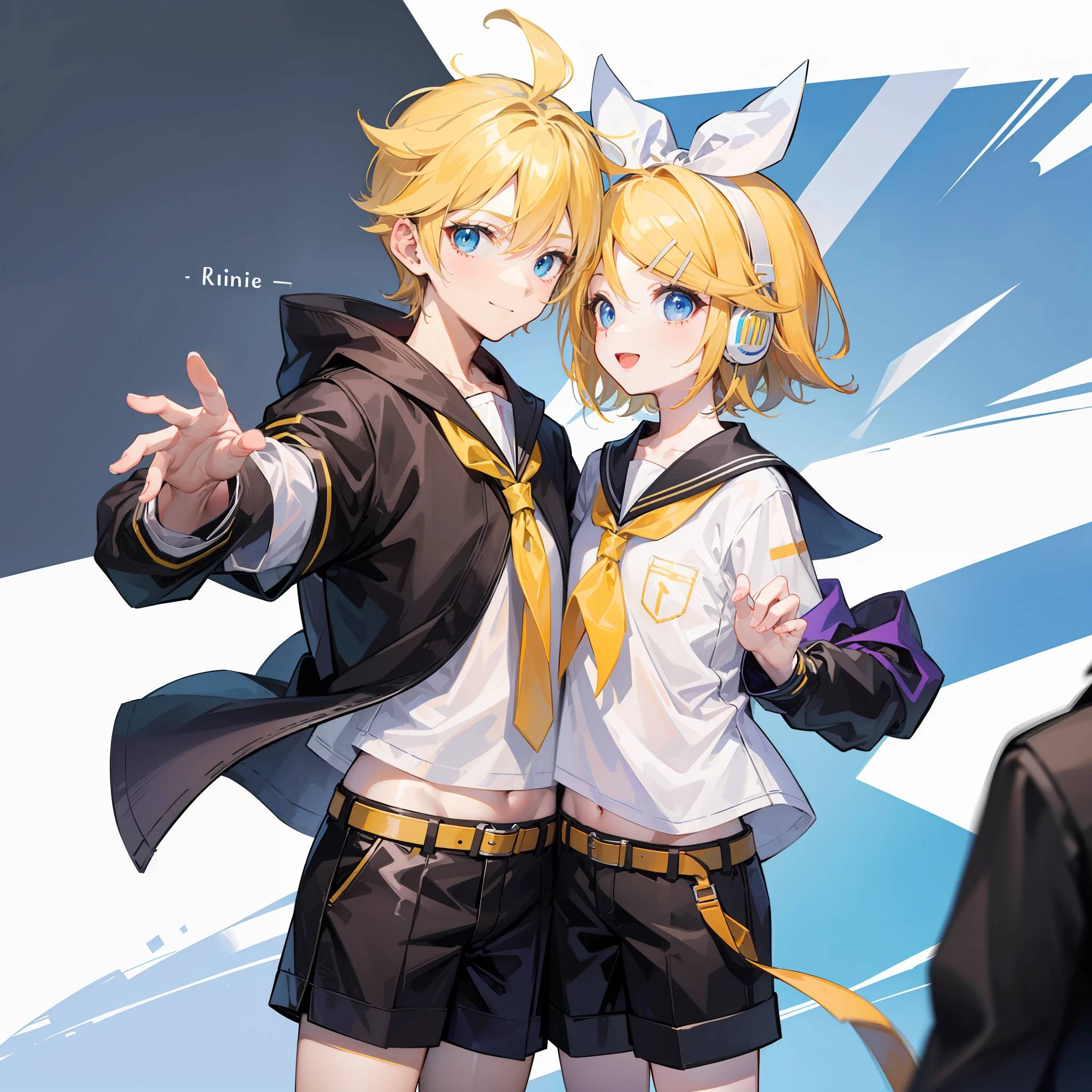 best quality, ultra precision, only two person, one boy and one girl, (a boy is Kagamine_Len), (a girl is Kagamine_Rin), blue eyes, cute, short hair, head phone, blond hair, sailor uniform, black short pants, belt, yellow necktie, smile, , twins, love each other, siblings, children, (boy is as tall as girl), kids, characters focus, couple, love each other, white background, look at each other, platonic love, cool boy, cute girl, hold hands, cowboy shot,