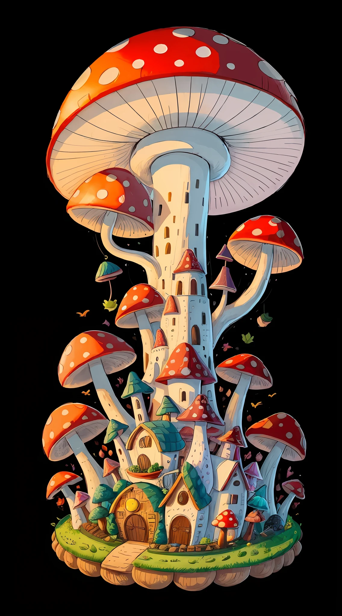 There is a drawing of a city of a giant mushroom with a lot of fruits and vegetables. Cada fruta e verdura tem uma janela, cada janela tem uma luz acesa. desenho em grafite, preto e branco, 8k, alta resolução. --auto