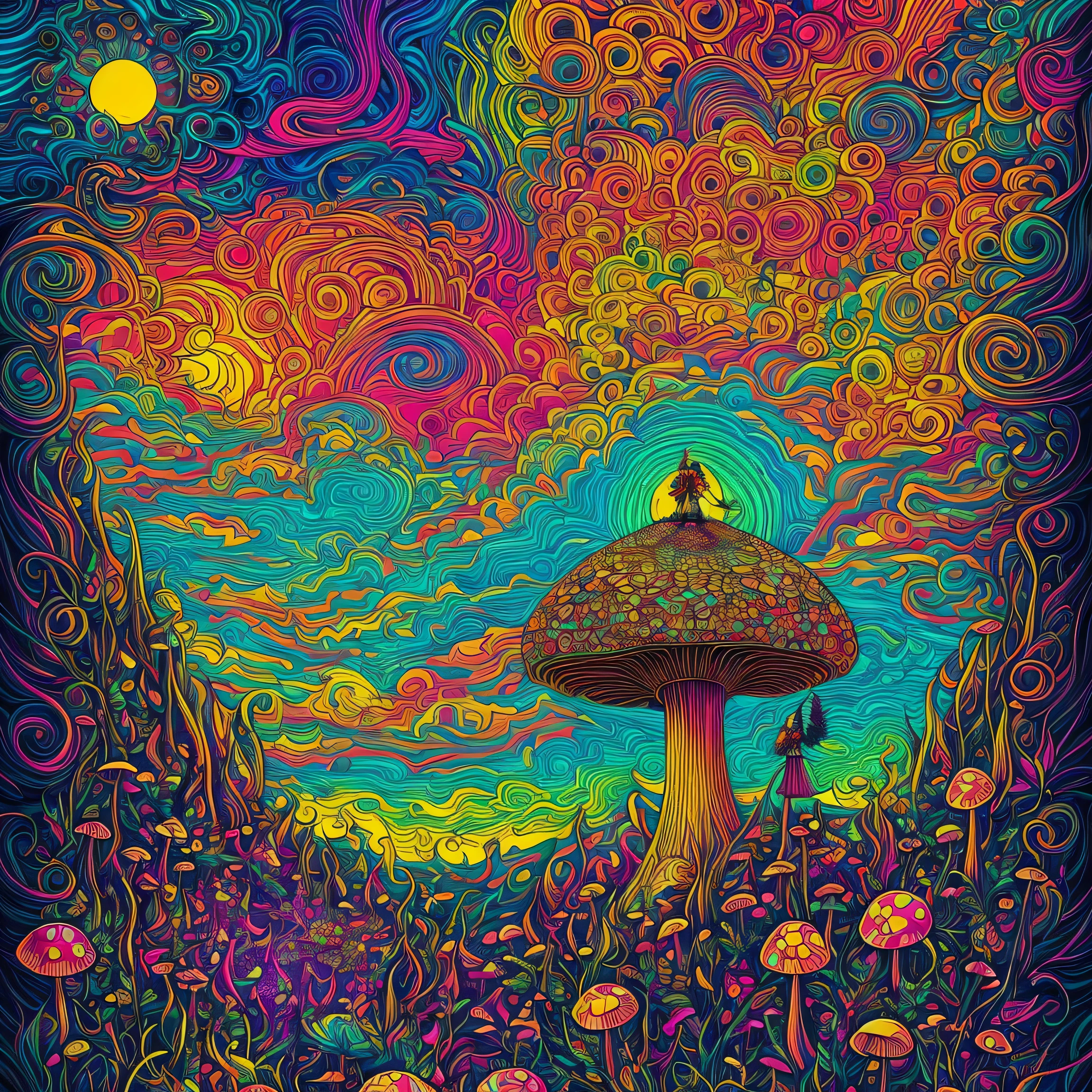 A mushroom head standing on a hill with a bunch of magic mushrooms with Cannabis sativa leaves and a sky composed of colorful psychedelic mandalas, A stunning portrait of a psychedelic DMT art, retratada com cores vibrantes e detalhes intrincados, brought to life in a fusion of fantasy art and photorealistic digital paintingTrippy Art, psychedelic mushrooms dream, psychedelic illustration, cogumelo trippy, psychedelic trip, psychedelic acid trip, psychedelics, psychedelic mushrooms, just take a pinch of psychedelic, psychedelic style, Dan Mumford e Alex Grey Estilo, psychotropic psychedelic, psychedelic art style, psychedelic artwork, psychedelic surreal art, psychedelic aesthetic, folhas de cannababis no jardim, and the sky composed of mandalas