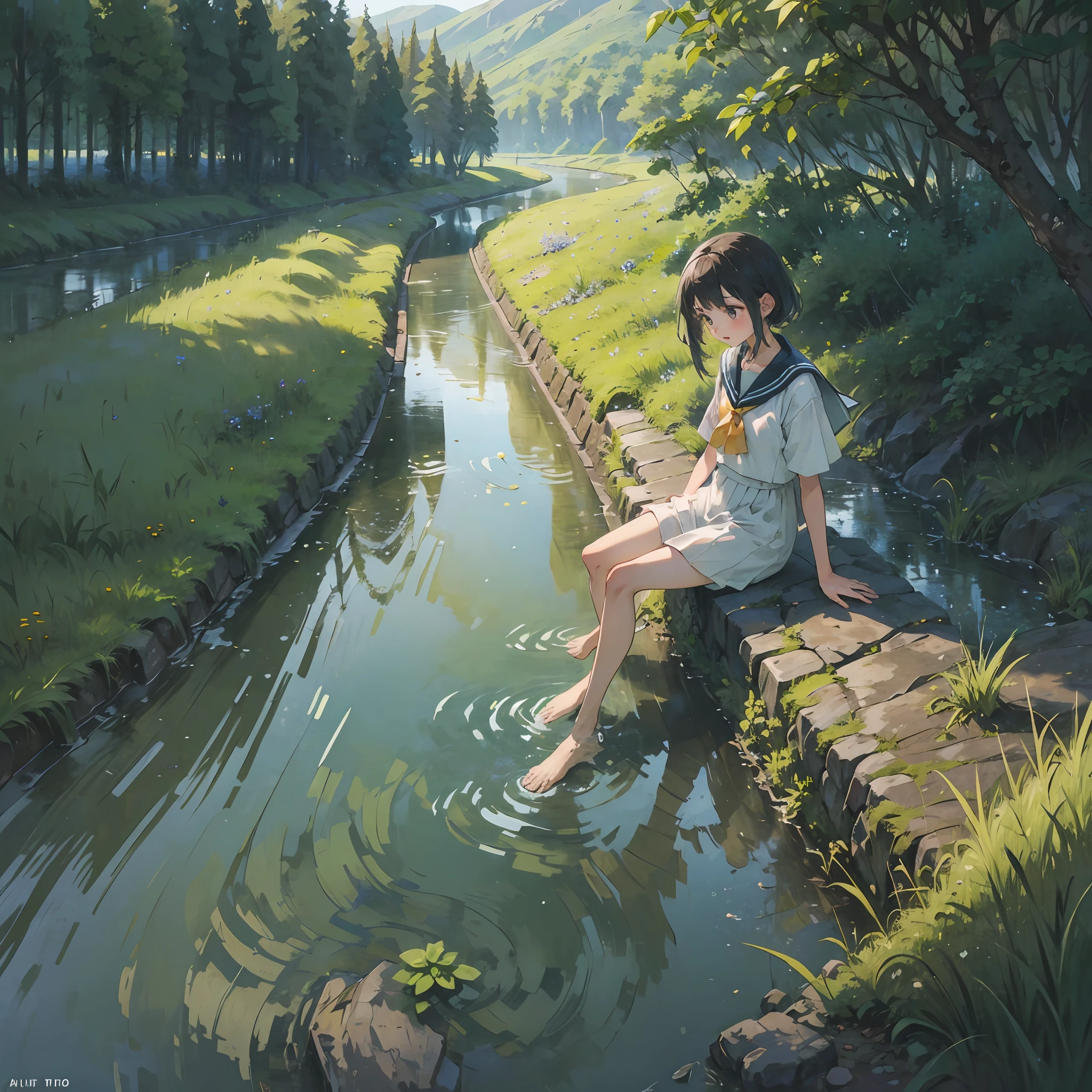 ​masterpiece、Top image quality、1 girl in、Beautiful countryside、A small irrigation canal flowing beside a field、Sitting on the bank、In the barefoot position of the creek、Sing a song、The appearance of a neat and clean girl、Wearing a knee-length sailor suit 、Sitting on the bank、One girl dipping her feet in the river --auto