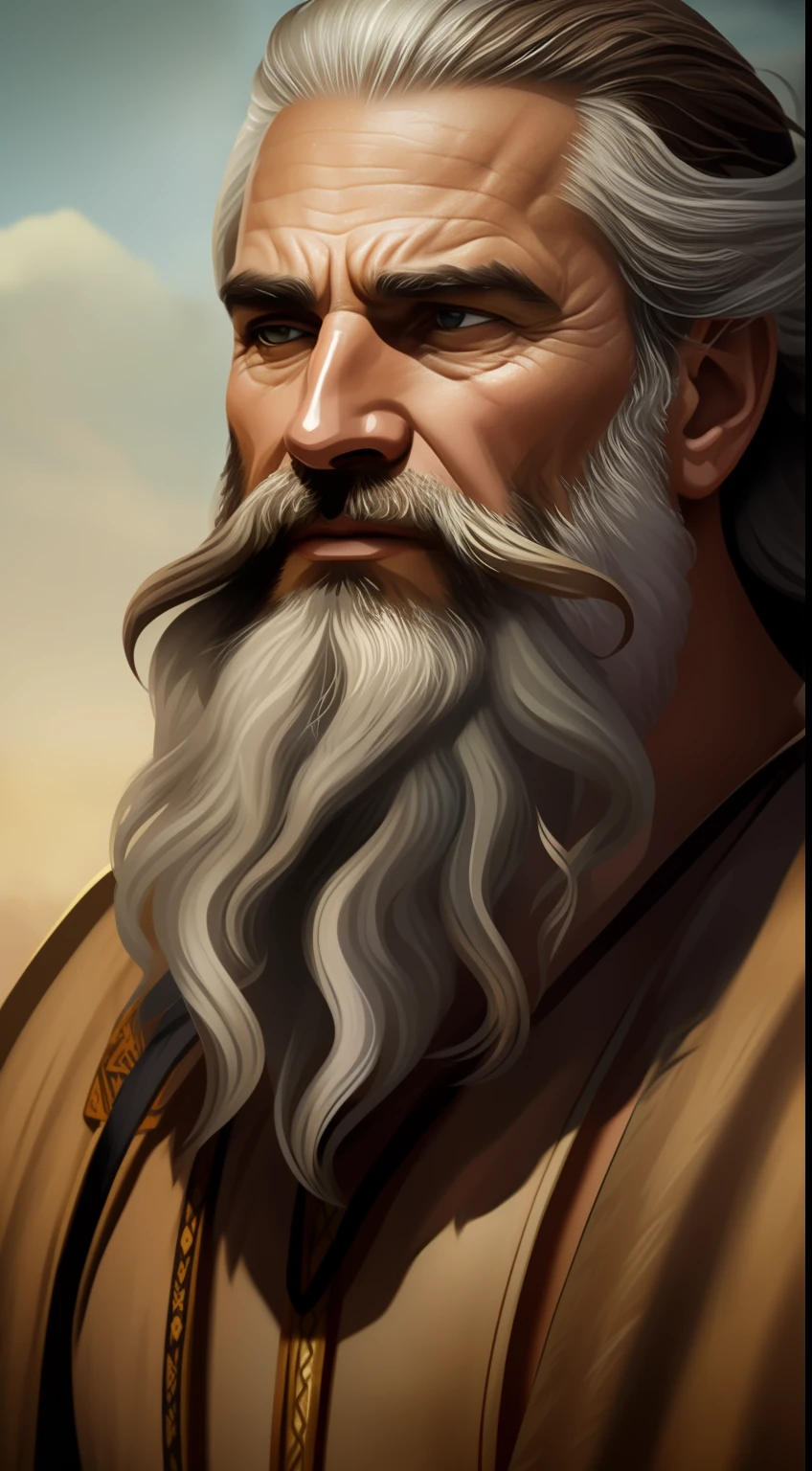 Realistic, high-quality epic art of a rough and rough man with a thin, brushed middle-aged beard in biblical times, de corpo inteiro fundo da imagem na naturesa