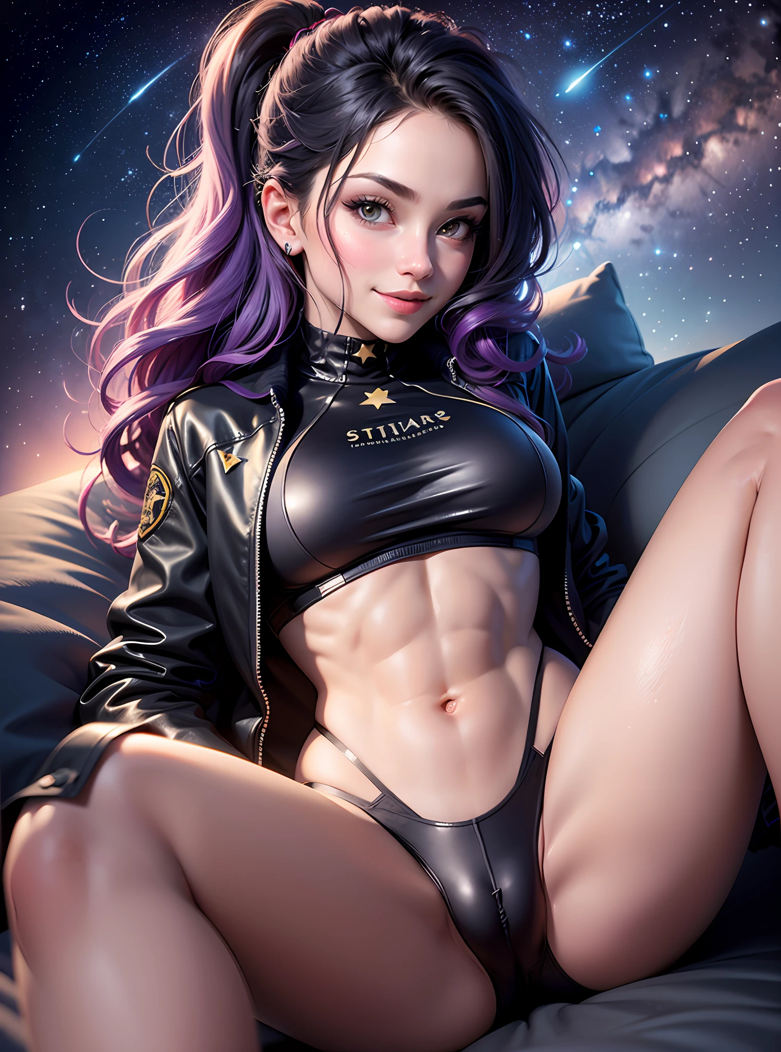 ((Best Quality)), ((Masterpiece)), ((Realistic)) and watercolor drawing of a girl with goth colors. Crotch Angle perspective, laying on her back . She has ((starlight hair)), wears a (black micro-bikini:star motif ) (bare navel) (cameltoe) (tech-wear jacket) , ((beautiful and aesthetic)), muscular fit body abs, sexy, under-boobs, hot, (star filled sky background) (clear background:1.35), (particles ,firefly, blue glowing):1.3, perspective, embarrassed smile, totally blushed, nervous, looking at the viewer, spread legs, black thong