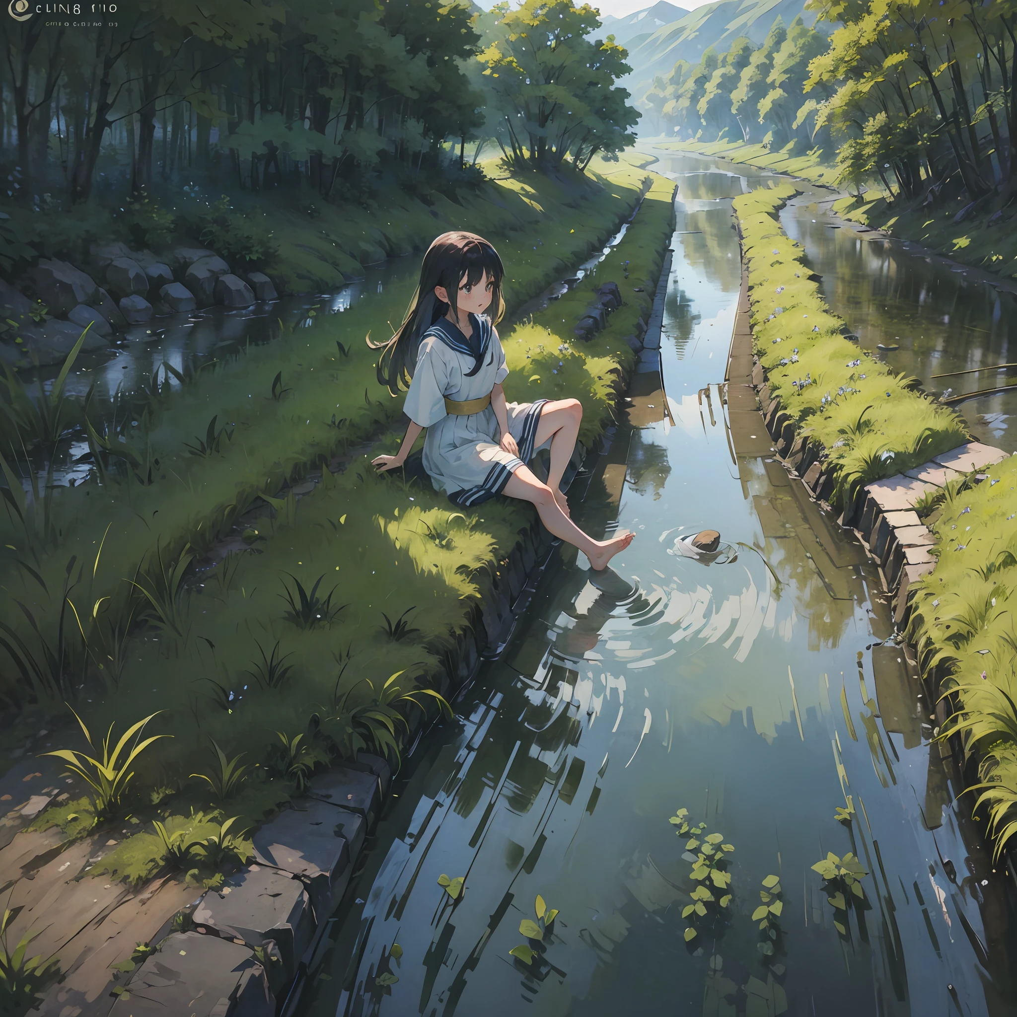 ​masterpiece、Top image quality、1 girl in、Beautiful countryside、A small irrigation canal flowing beside a field、Sitting on the bank、In the barefoot position of the creek、Sing a song、The appearance of a neat and clean girl、Wearing a knee-length sailor suit 、Sitting on the bank、One girl dipping her feet in the river --auto