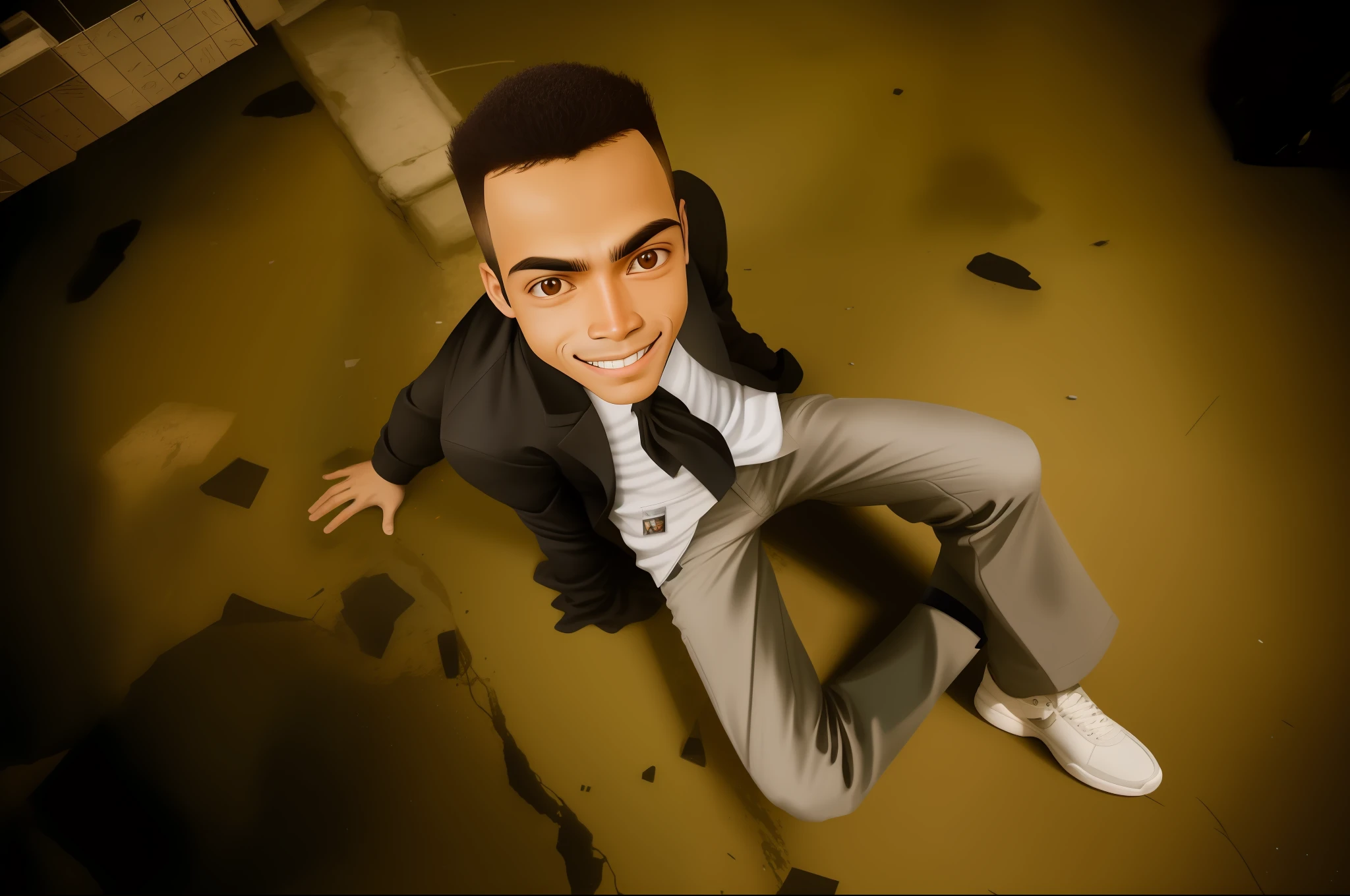 imagem arafed de um jovem de terno e gravata, sorrindo de cima, videoclipe, Retrato no meio da foto, looking down on the camera, Riyahd Cassiem, foto de cima para baixo, tiro de cima para baixo, screensaver, Pose legal, Retrato grande angular de Astroboy, foto retrato, still from a music video, pose divertida, garotinho