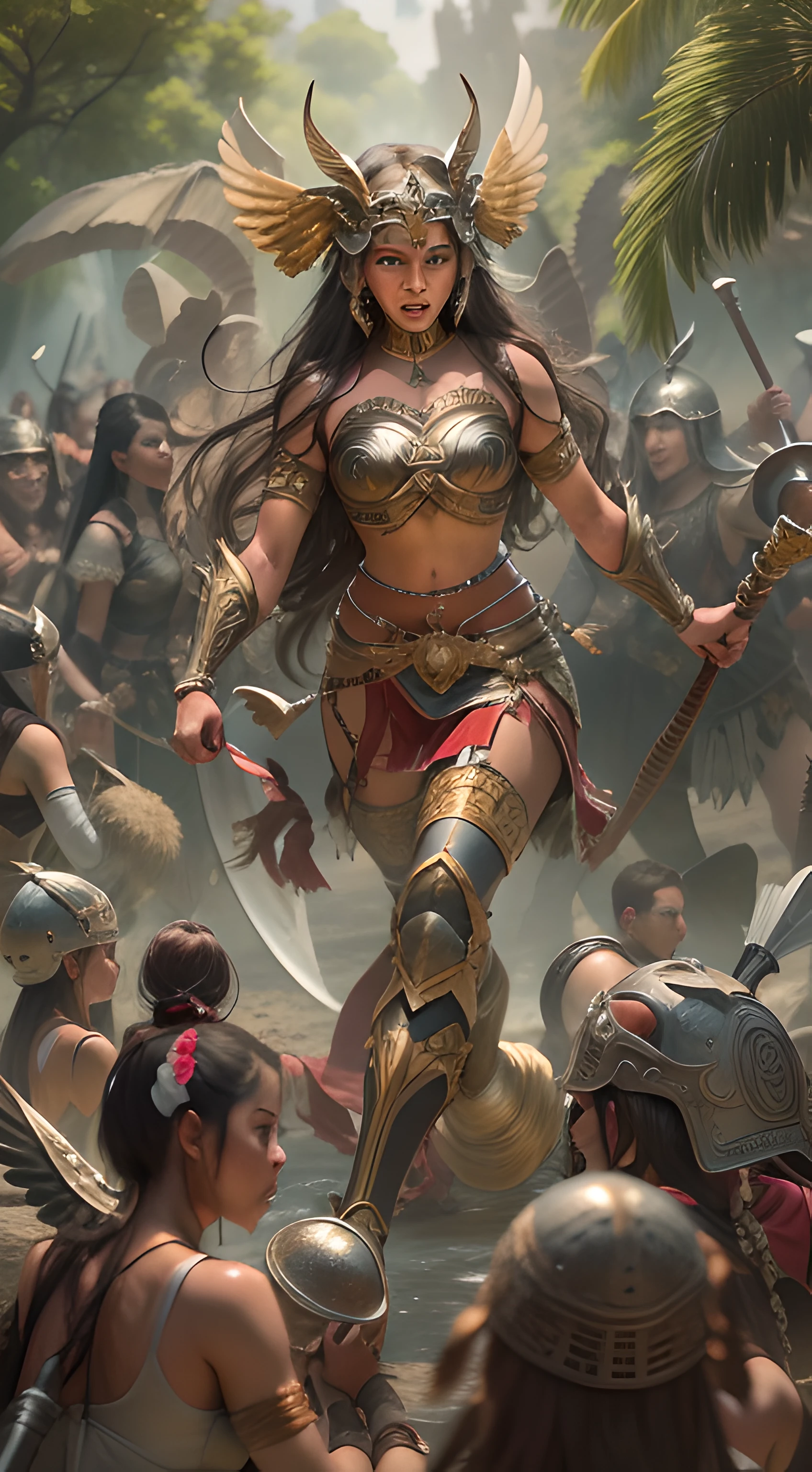 Generate an epic image in which a Valkyrie, A powerful and brave Nordic warrior, Face a group of Mayan warriors in an epic battle. The Valkyrie is dressed in gleaming armor and wields a shining sword as she challenges Mayan warriors.. Mayan warriors are equipped with spears and shields, mostrando su habilidad y destreza en el combate. The battle scenario is set in a stunning setting, with ancient ruins and lush vegetation. The Valkyrie and the Mayan warriors are immersed in an intense struggle, with dynamic movements and expressions of determination on their faces. The image captures the emotion and tension of the confrontation between these two warrior cultures., Showcasing the fusion of mythologies and cultural diversity in a moment of action and heroism