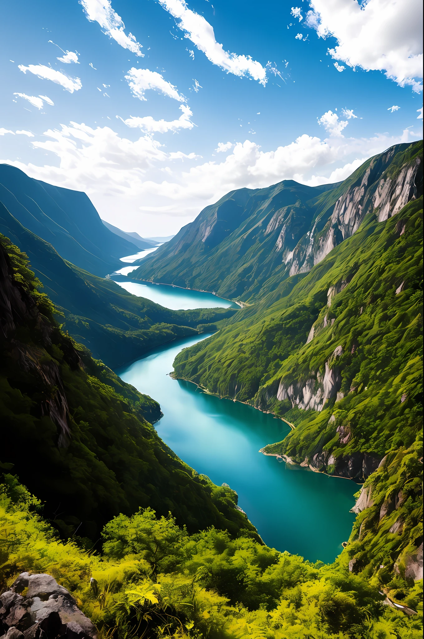 Masterpiece, ultimate quality, Cg unity 8k wallpaper, super delicate, beautiful sky and clouds, rich natural scenery, cliffs, lakes and rivers, waterfalls and flying water, beautiful green mountains, no trace of people, excellent scenery, has already won a photo contest, background Blurring, full depth of field, HDR high dynamics, true restoration, intricate, extreme details, dramatic presentation, perfectly presenting the style of midjourney art.